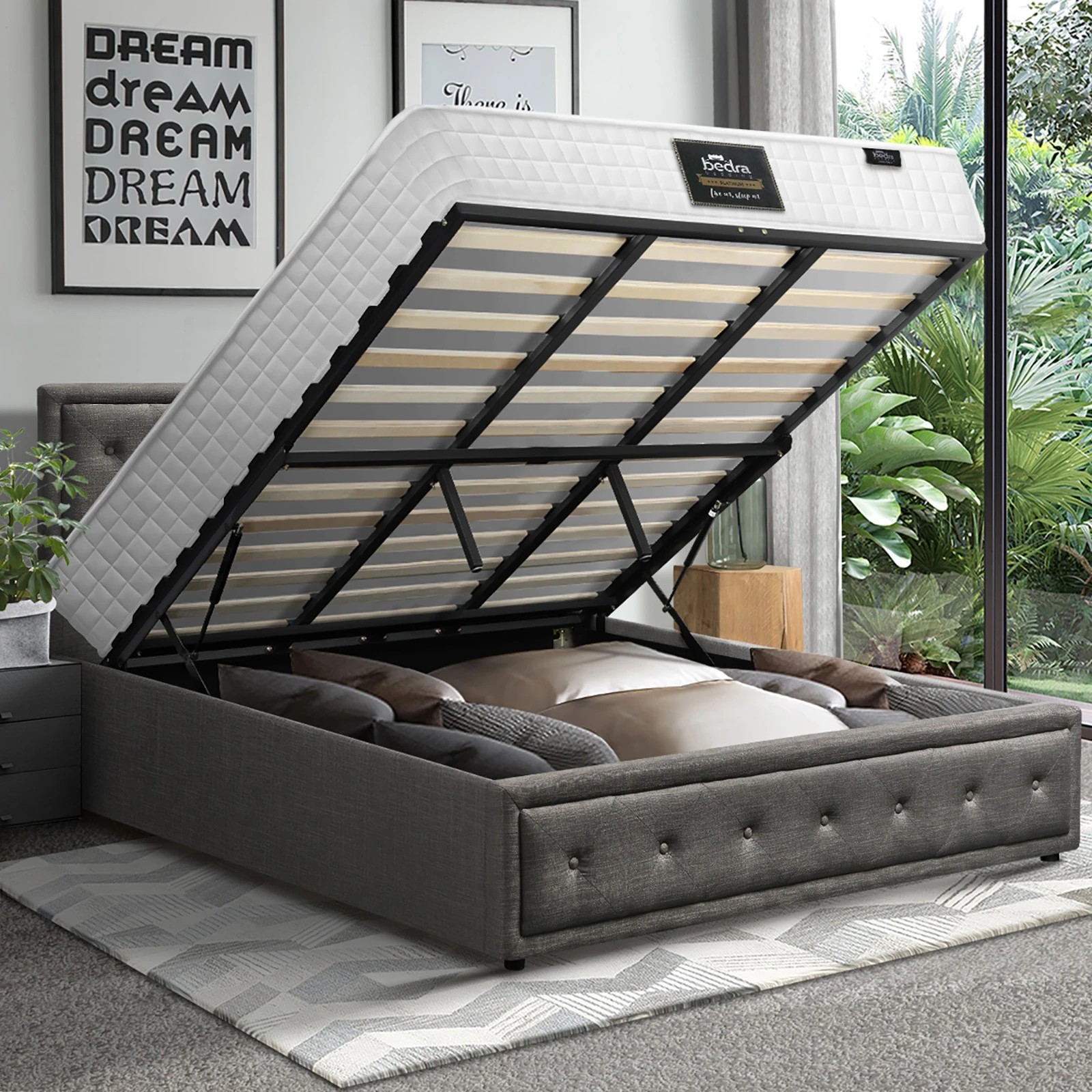 3 Oikiture King Bed Gas Lift Storage Base With Mattress Set
 - Grey, 3 of 10