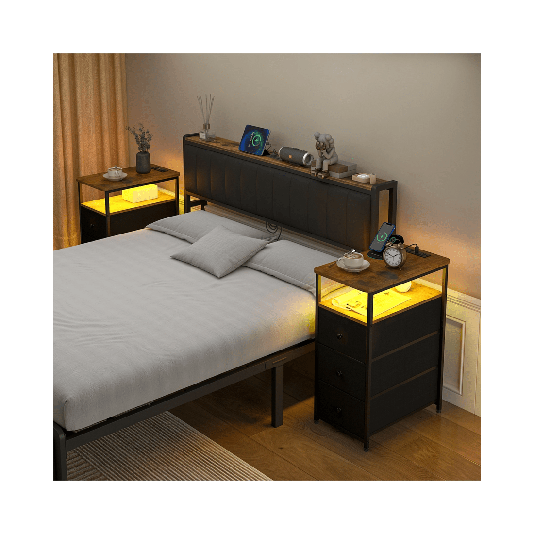 3 Advwin LED End Table Sofa Side Table with Charging Station and Drawers Narrow Bedside Table, 3 of 10