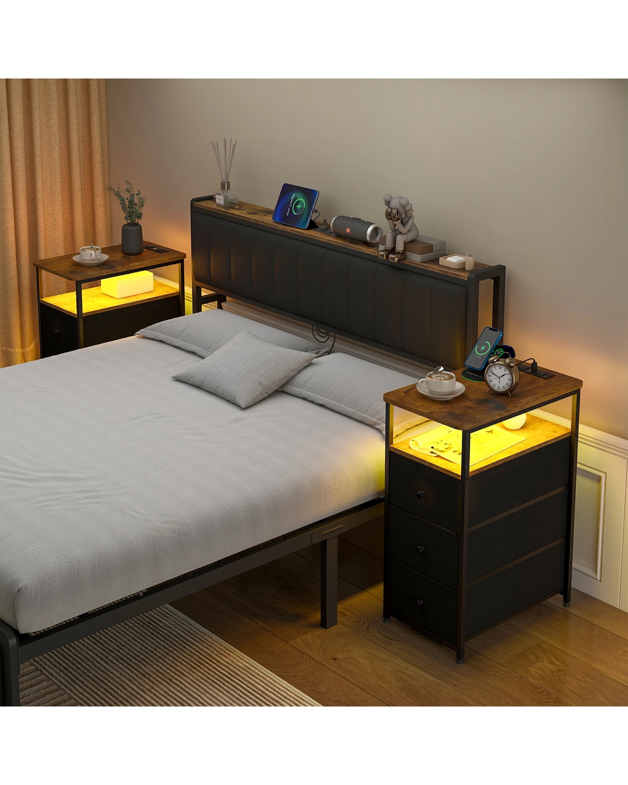 3 Advwin LED End Table Sofa Side Table with Charging Station and Drawers Narrow Bedside Table, 3 of 10
