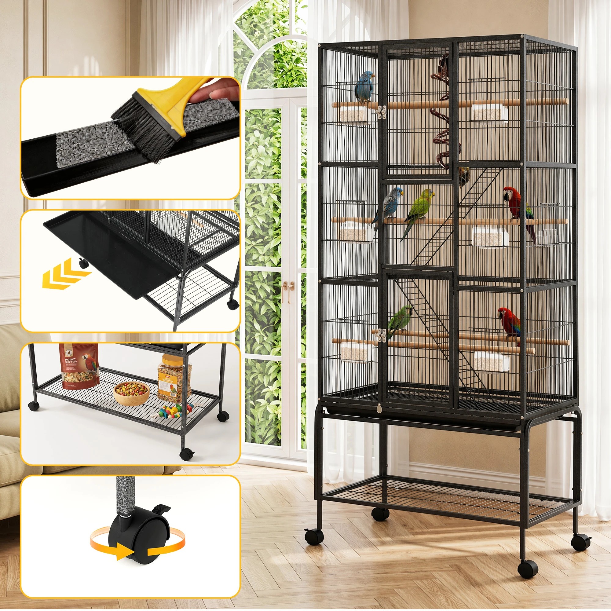 7 i.Pet 3-Tier Large Bird Cage Aviary with Ladder Parrot Budgie Wheels - Black, 7 of 8