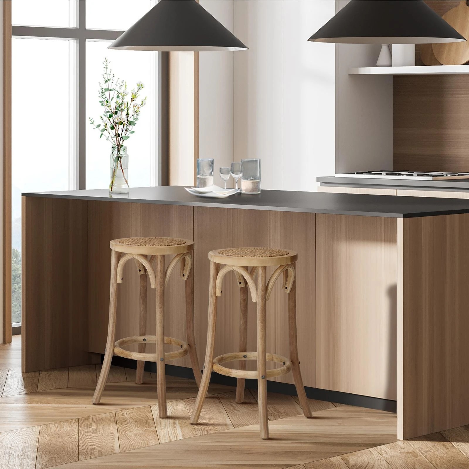 3 Oikiture Set Of 4 Bar Stools Kitchen Vintage Dining Chair Rattan Seat
 - Natural, 3 of 10