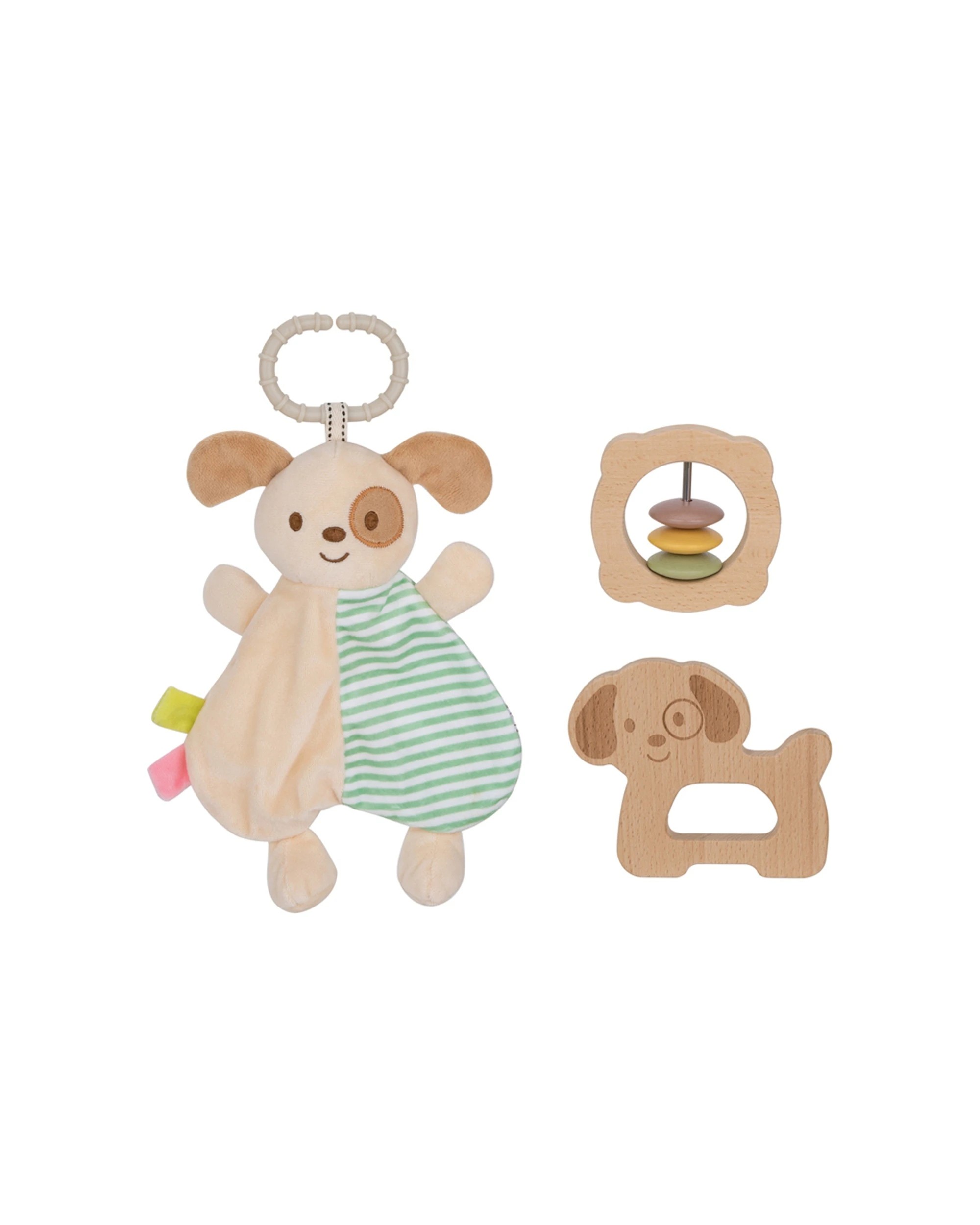 1 Tooky Toy 3pc Baby Comforter Wooden Rattle Infant Newborn Set Puppy Dog Design - Multi, 1 of 4