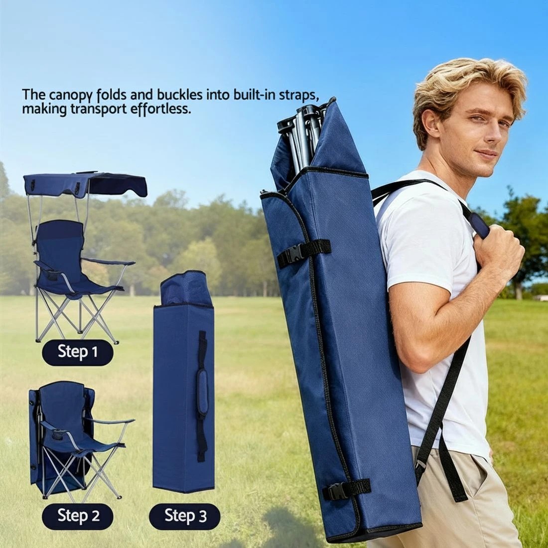 5 Weisshorn Camping Chair With Canopy Folding Outdoor Portable Seat Lightweight Beach Picnic Fishing Capacity 120KG - Blue, 5 of 7