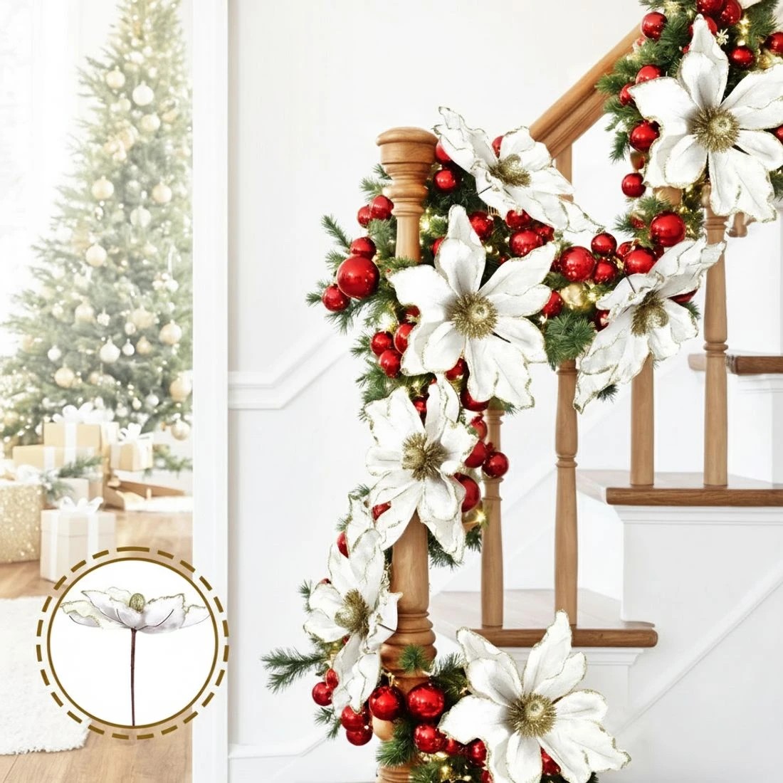 4 Jingle Jollys 14Pcs Christmas Tree Flower Set Garland Wreath Poinsettia - White, 4 of 5