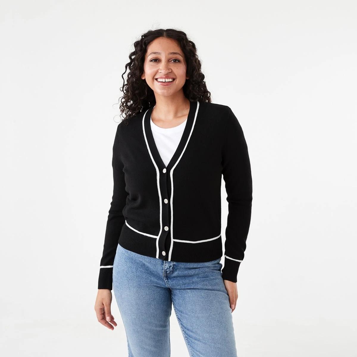2 Contrast V-Neck Cardigan Black, 2 of 7