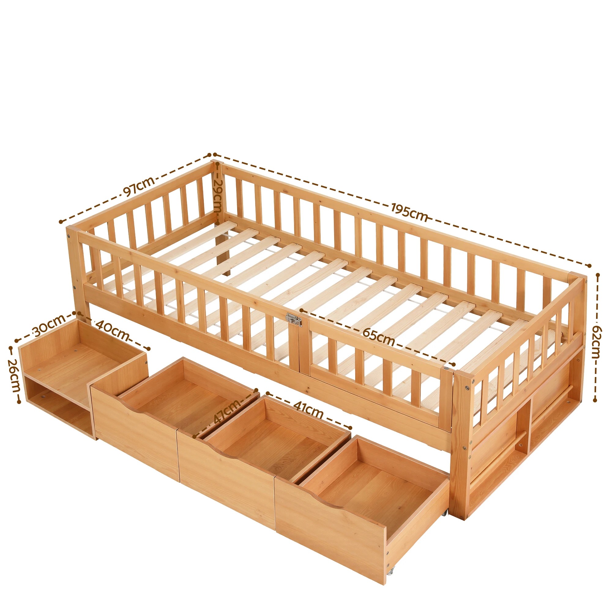2 Artiss Kids Single Bed Frame with 3 Storage Drawer Montessori Bed for Toddler - Natural, 2 of 8