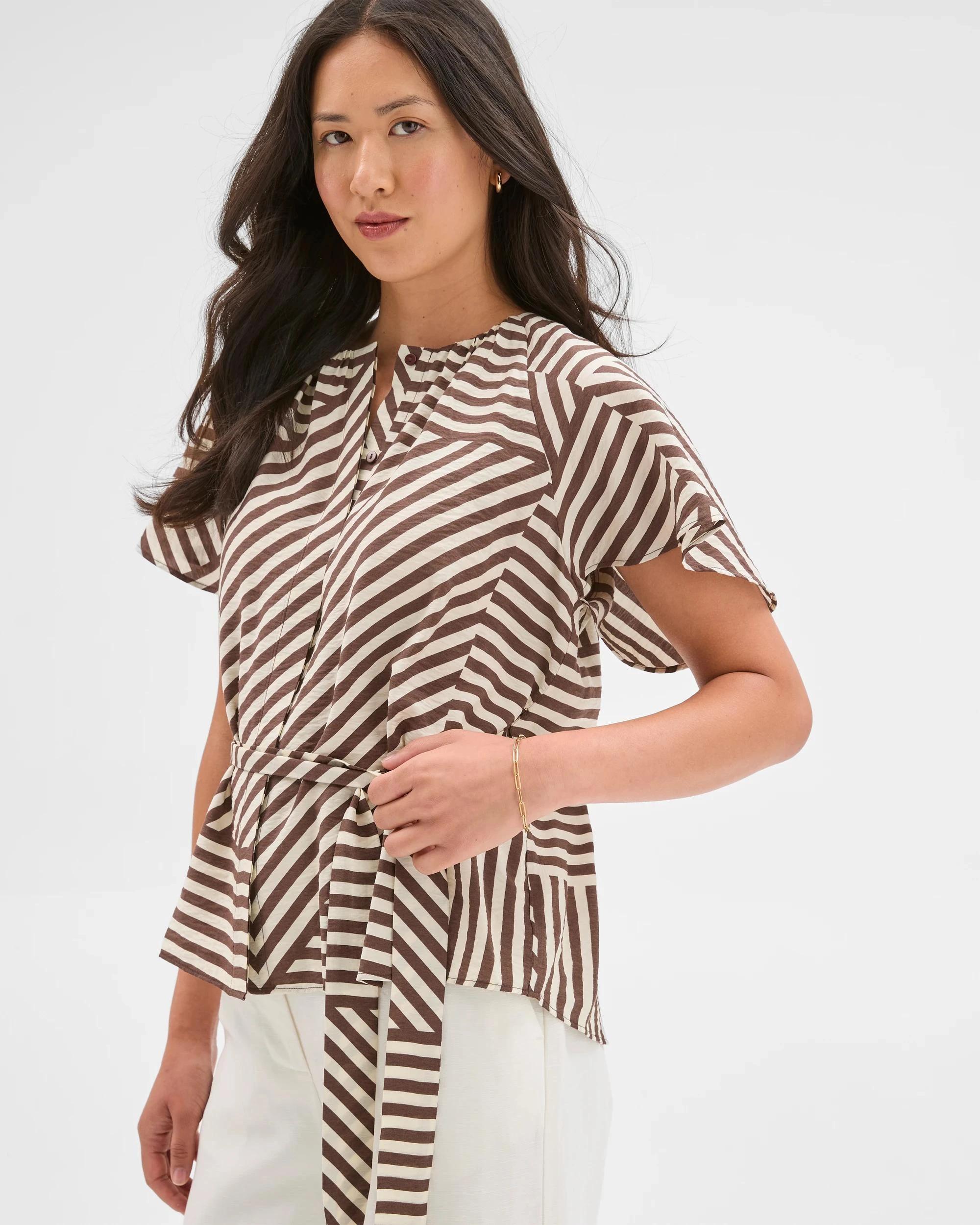 6 Preview Short Sleeve Belted Blouse GANACHE STRIPE, 6 of 7