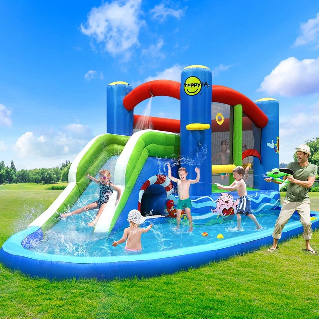 1 Happy Hop Inflatable Water Slide Jumping Trampoline Castle Bouncer Toy Splash - Multi, 1 of 7