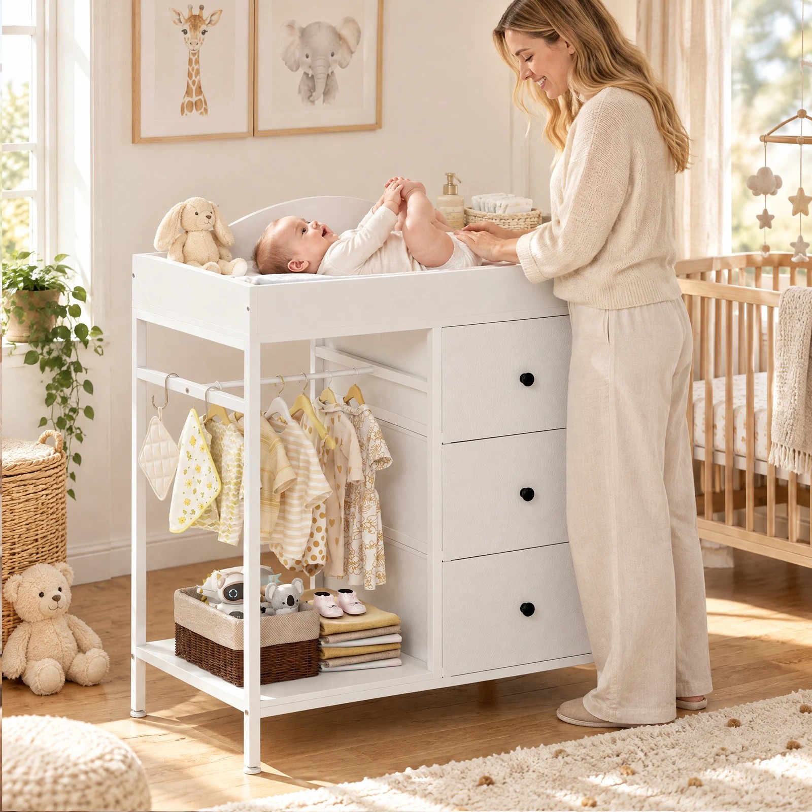 5 Advwin 3-Drawer Baby Change Table with Clothes Rail Lockable Casters - White, 5 of 9