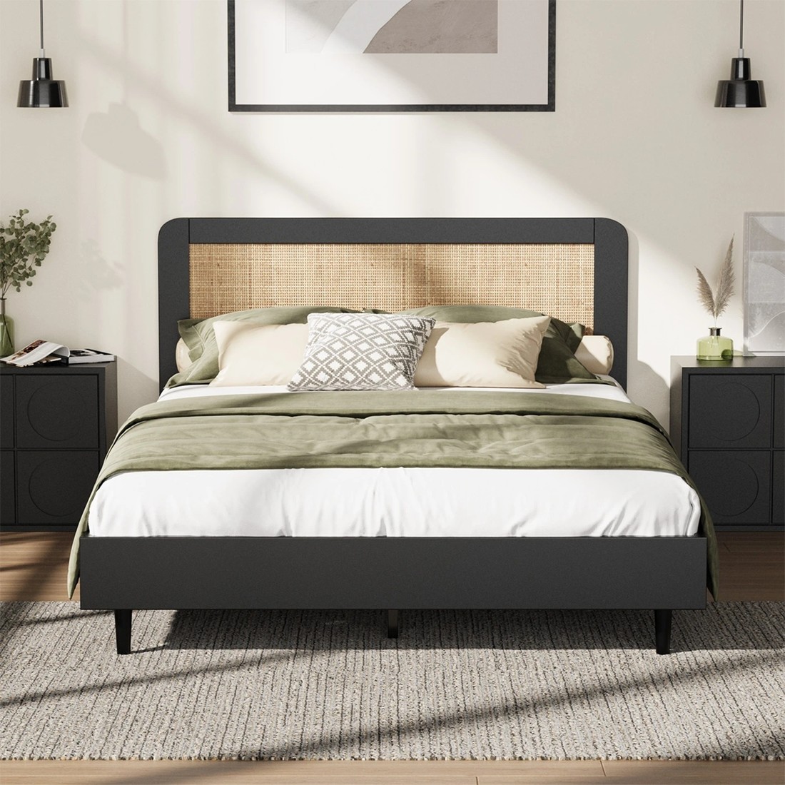 4 Oikiture Bed Frame Double Size Beds Real Rattan Headboard - Black, 4 of 9