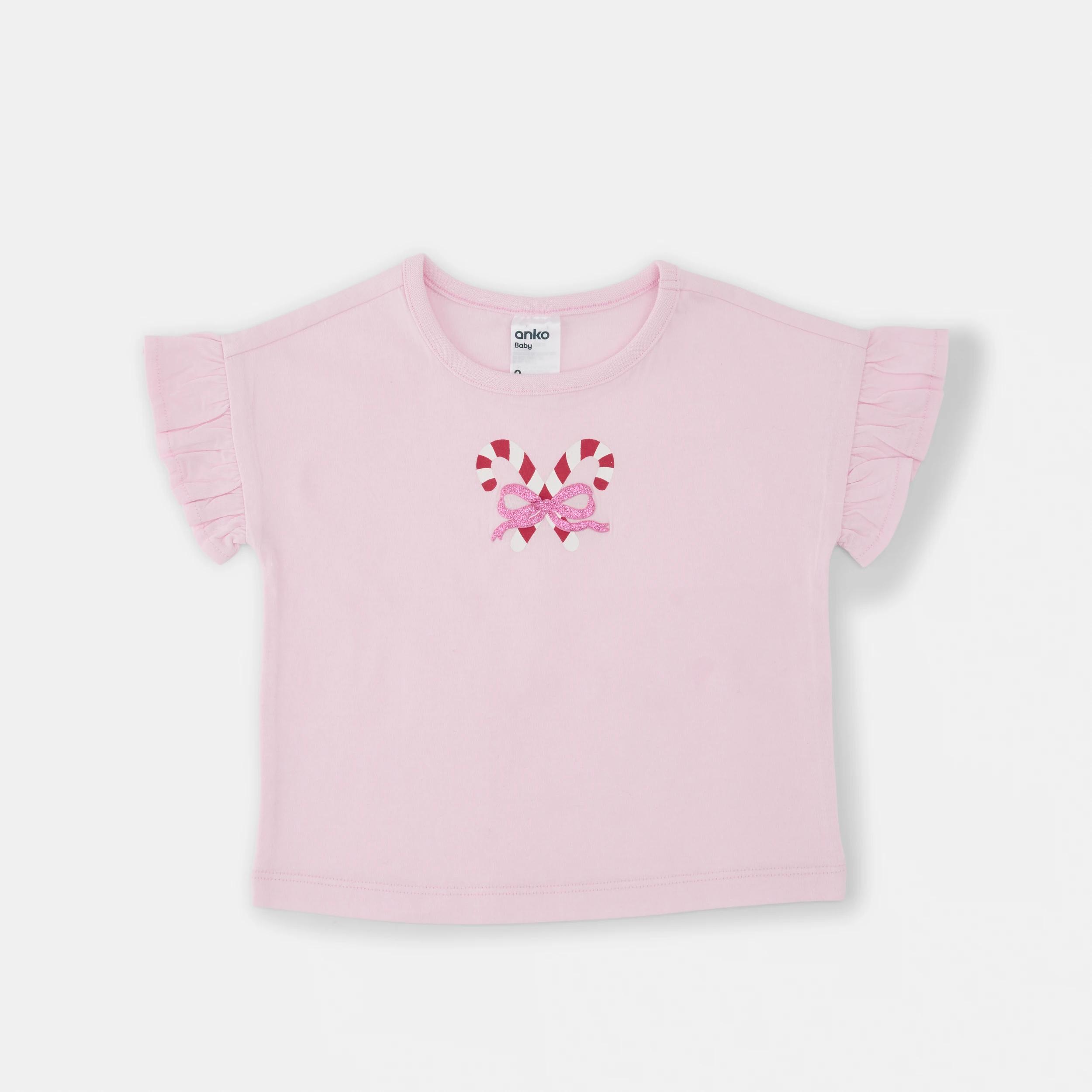 1 Christmas Frill Sleeve Print T-shirt PINK CANDY CANE, 1 of 3