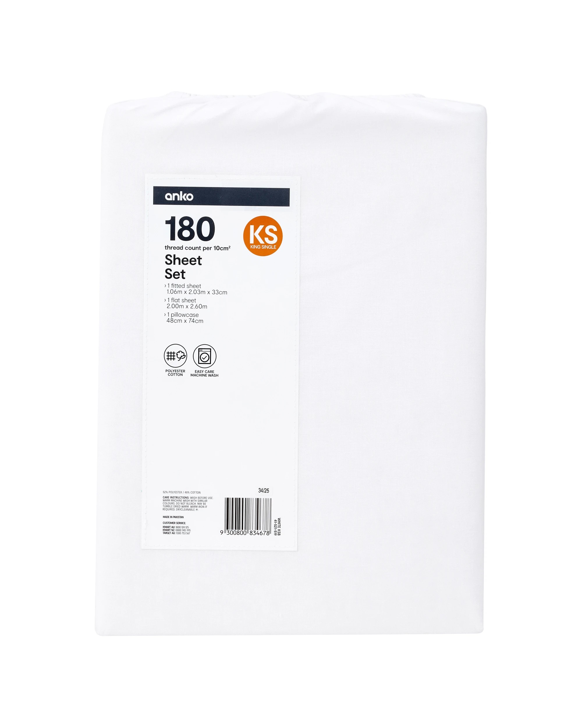 7 180 Thread Count Sheet Set - King Single Bed, White, 7 of 7