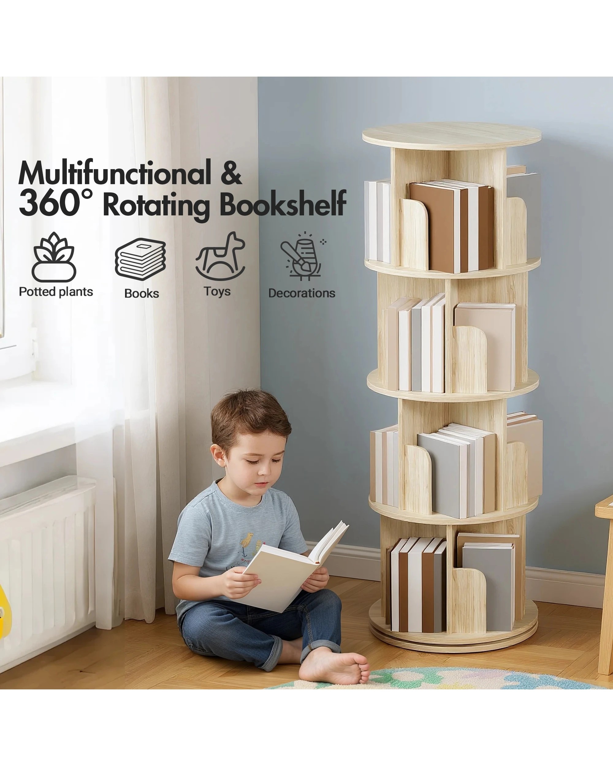 4 Advwin 4 Tiers Bookshelf Rotating Corner Bookcase Cabinet Revolving Display Stand Rack Oak, 4 of 8