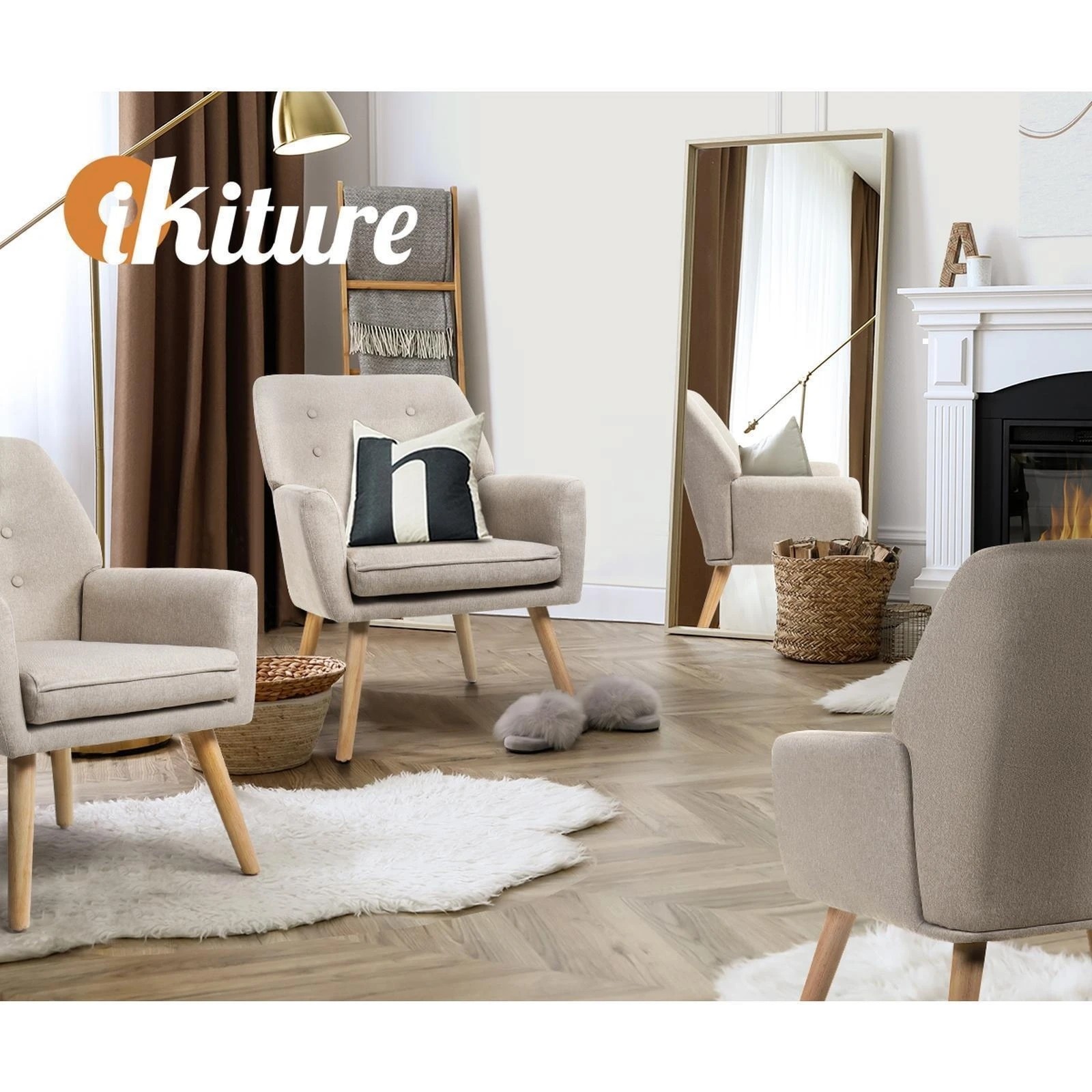 6 Oikiture 2x Armchair Lounge Chair Linen Accent Armchairs Tub Chairs Sofa - Beige, 6 of 10