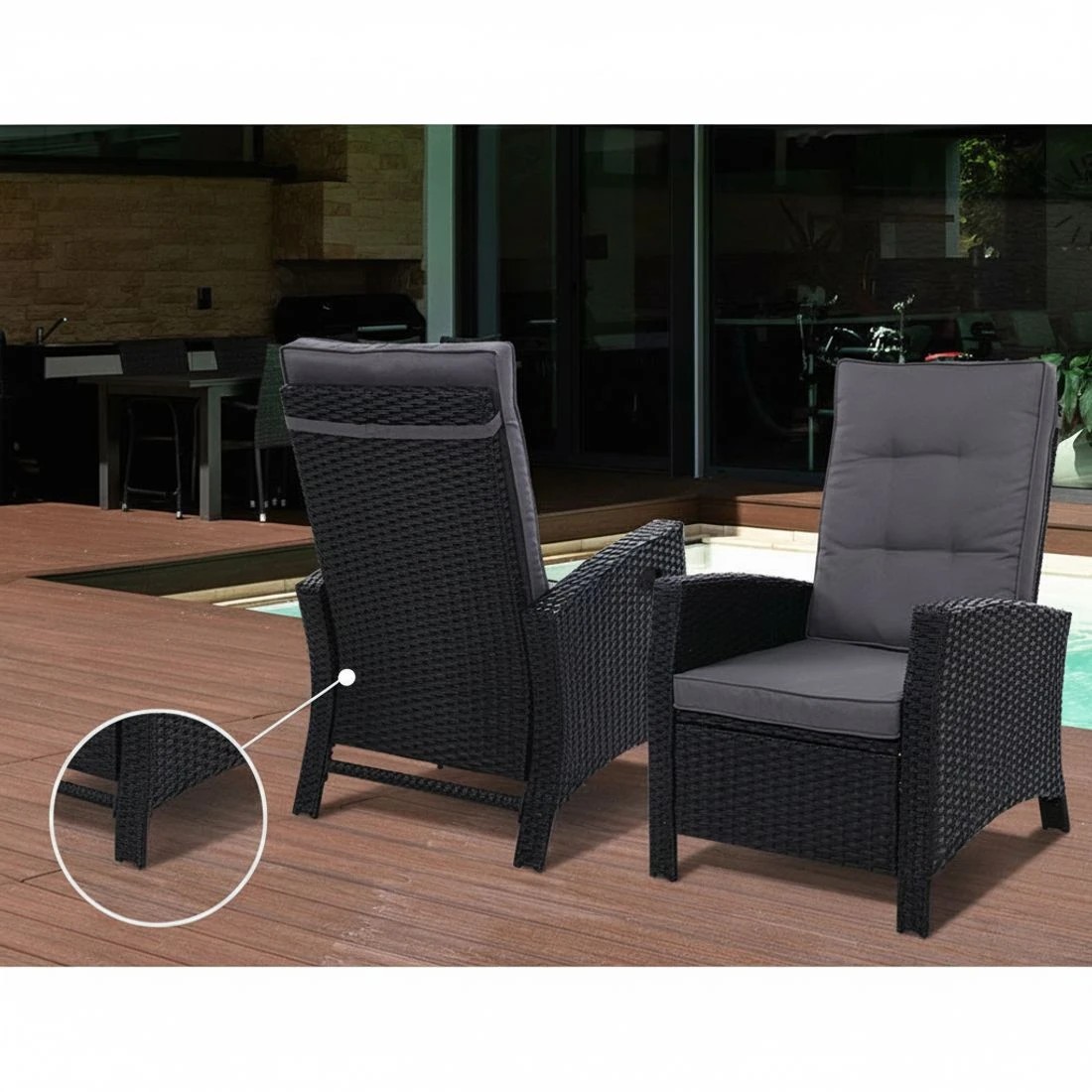 4 Gardeon 5PC Recliner Chairs Table Sun lounge Wicker Outdoor Furniture Adjustable - Black, 4 of 6