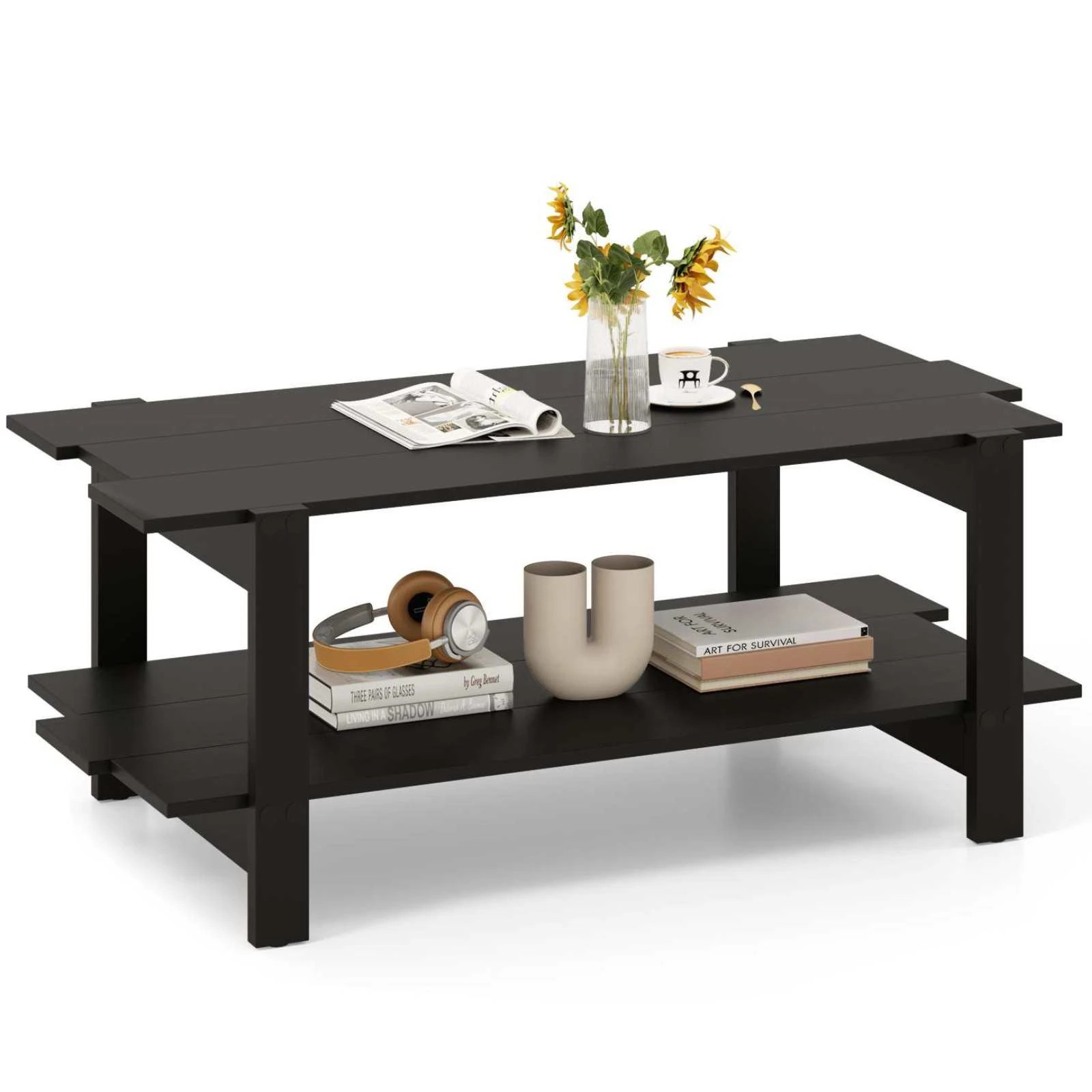 4 Costway 2-Tier Coffee Table Slatted Wood Center Table Rectangular Cocktail Table, 4 of 4