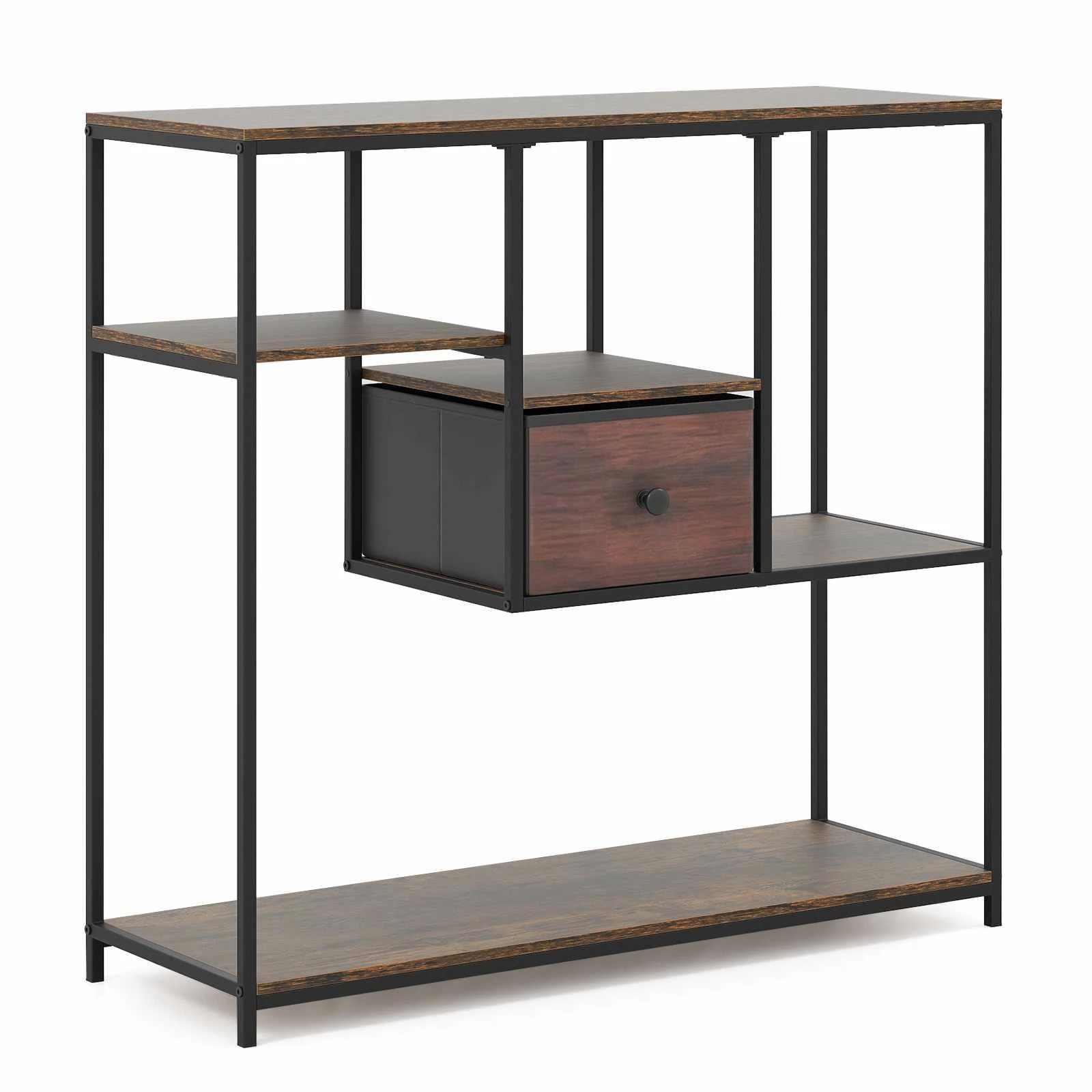 Costway 100cm Console Table Bookshelf 4-Tier Shoe Rack w/Drawer - Brown ...