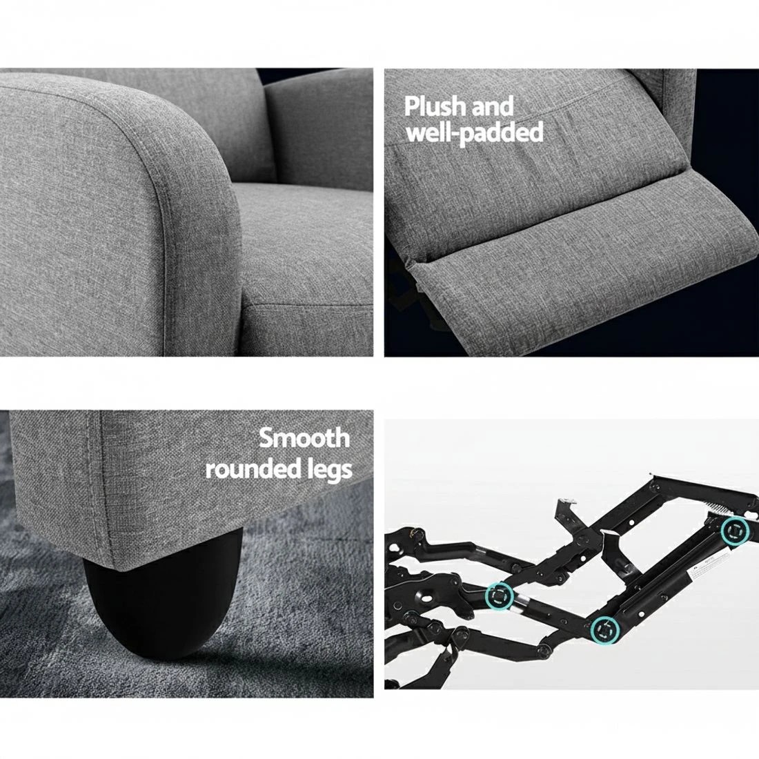 6 Artiss Recliner Chair, Grey Faux Linen — 21cm High-Resilience Foam, Adjustable Back &amp; Footrest - Grey, 6 of 7