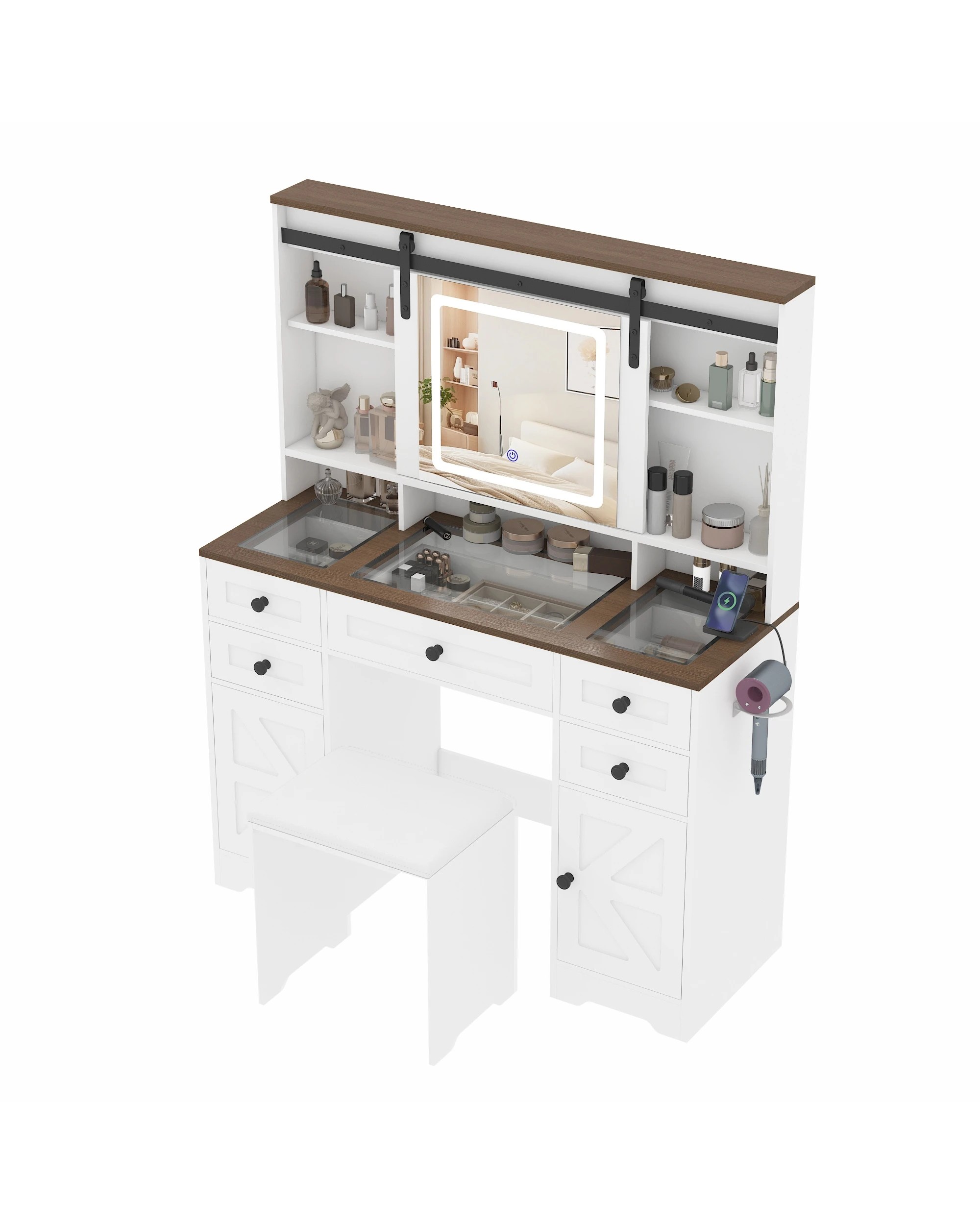 4 Advwin Farmhouse Makeup Vanity Desk with LED Mirror Glass Tabletop & Charging Station - White, 4 of 9