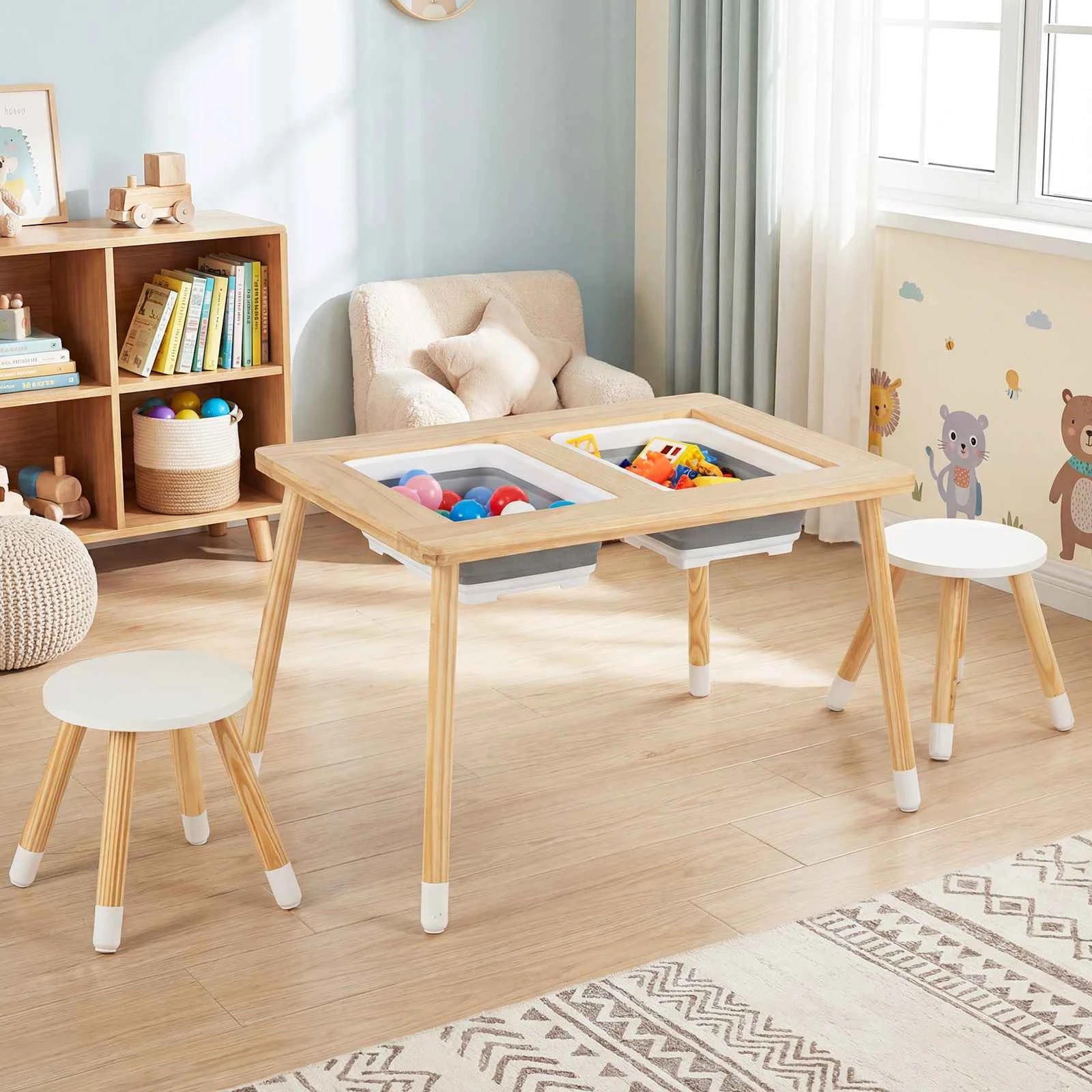 2 Costway Activity Table & Chairs Set Double-Sided Sensory Table - Natural, 2 of 2