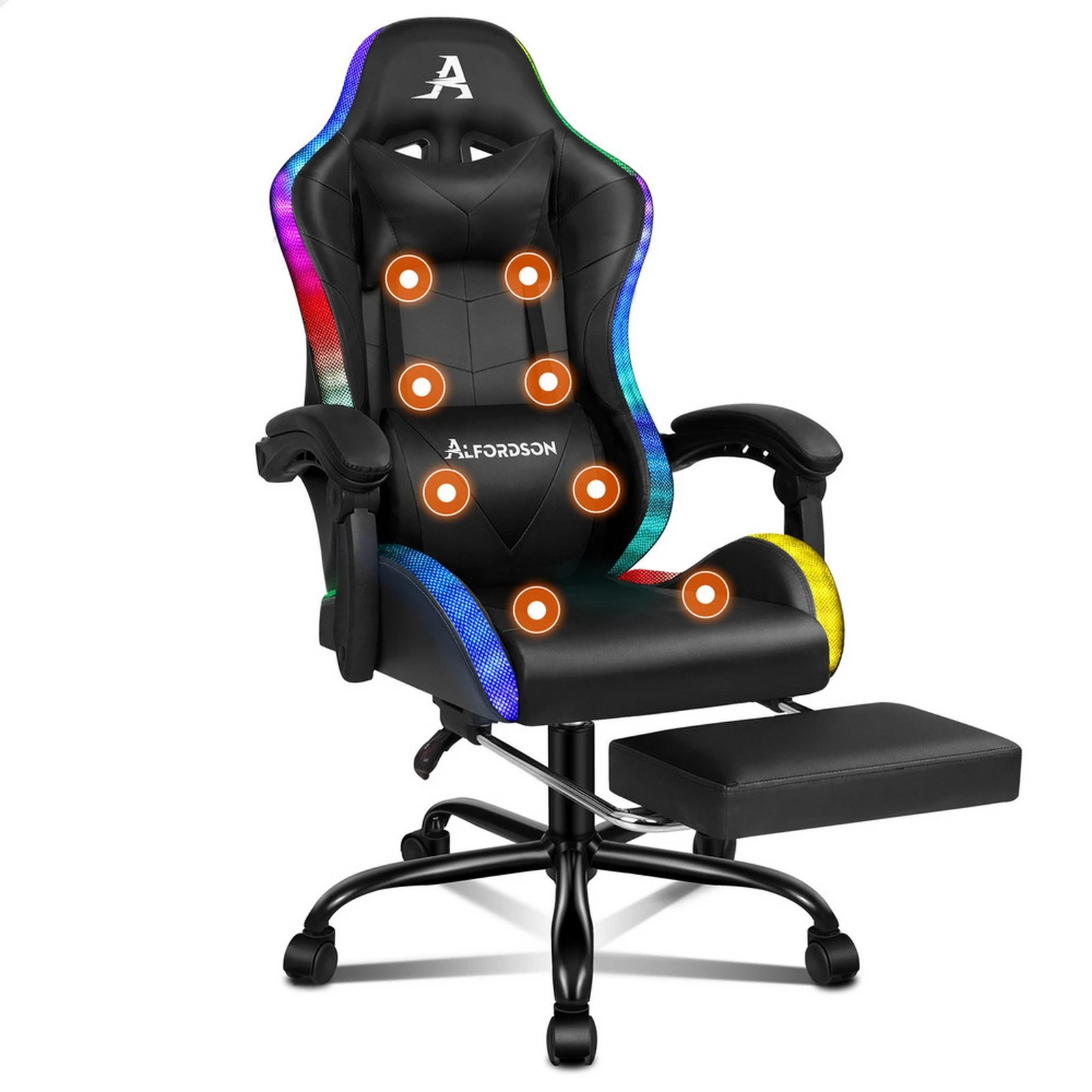 1 Alfordson Gaming Chair Office Massage 12 RGB LED Computer Seat PU Leather - Black, 1 of 10