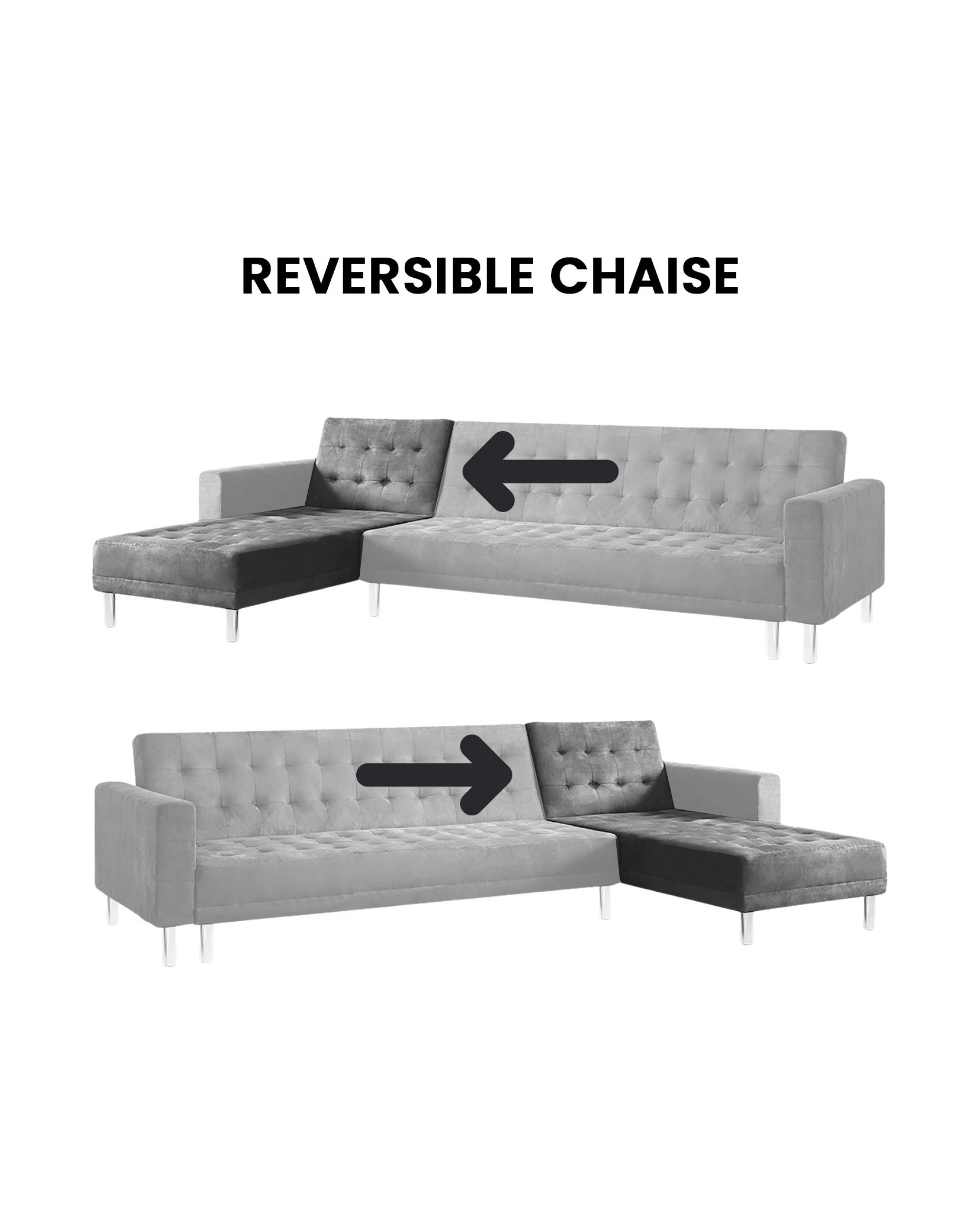 2 Sarantino Faux Velvet Corner Wooden Sofa Bed Couch With Chaise - Grey, 2 of 4