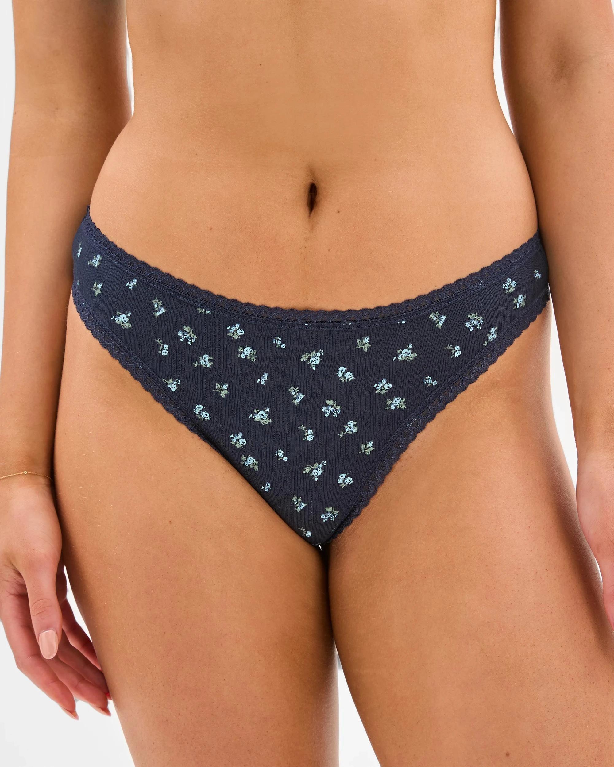 2 Lily Loves Australian Cotton 3 Pack Pointelle G-String Briefs BLACK/GREEN MILIEU/NAVY ROSE DITSY, 2 of 3