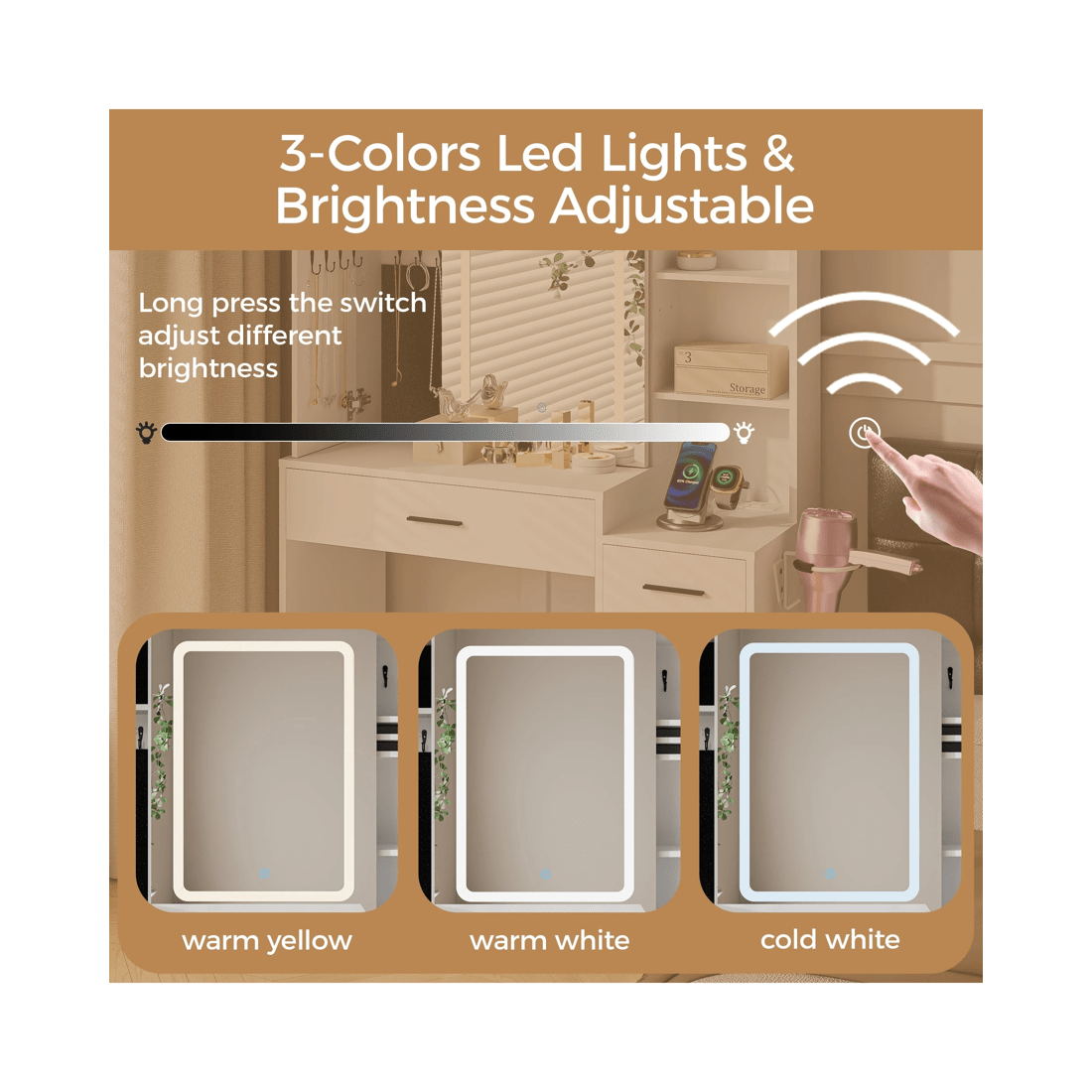 4 Advwin Dressing Table Stool Set With Mirror Led Lights Jewelry Armoire, 4 of 10