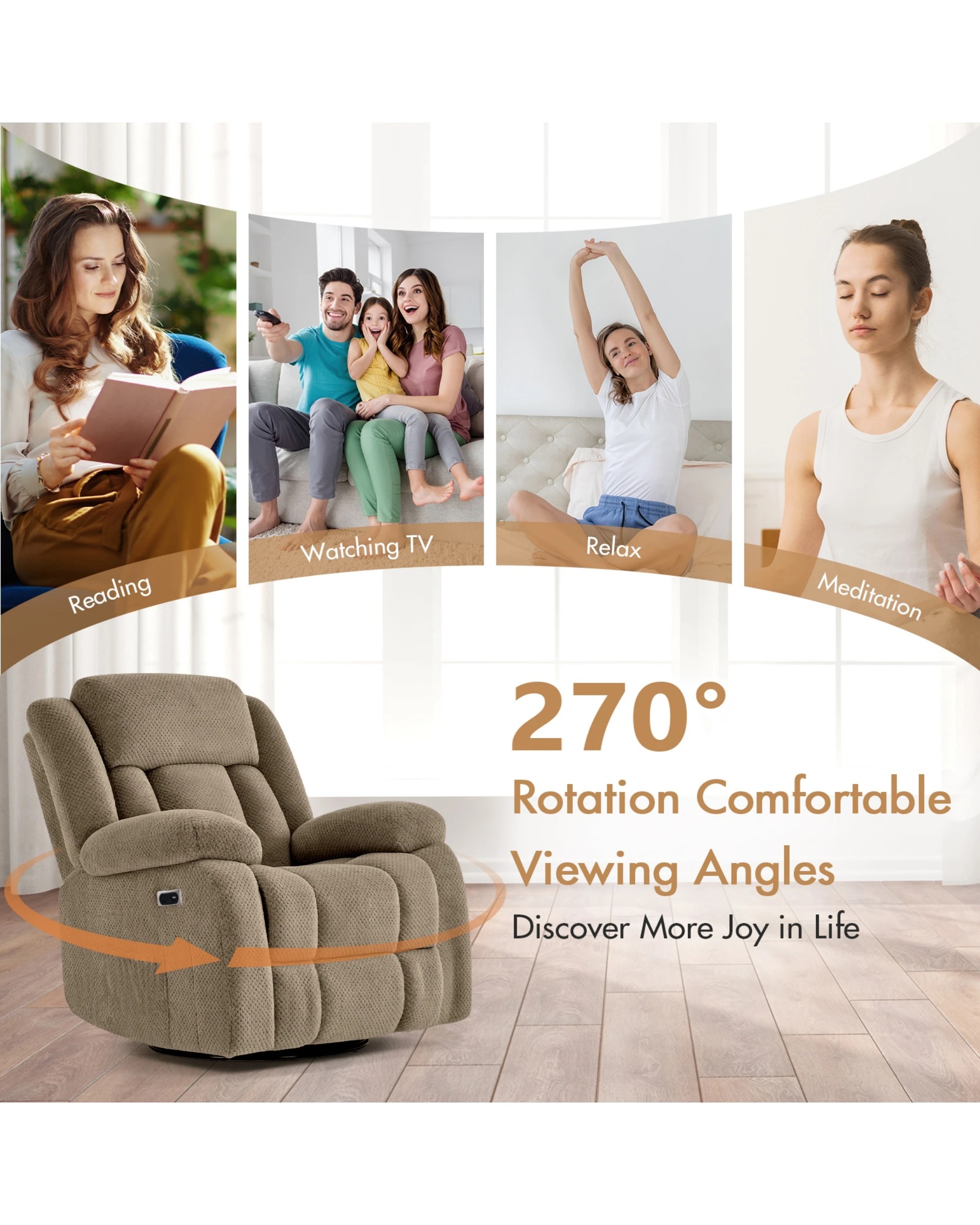 4 Advwin Recliner Chair Electric Heat Massage Chair Lounge Armchair Rotatable Velvet Brown, 4 of 7