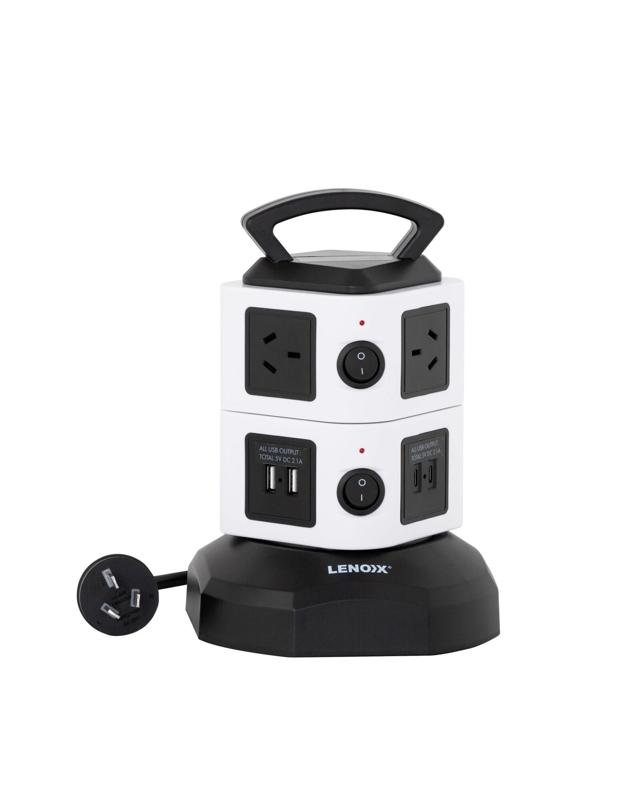 Lenoxx Tower Power Board with 6 Outlets + 2X USB A & 2X U