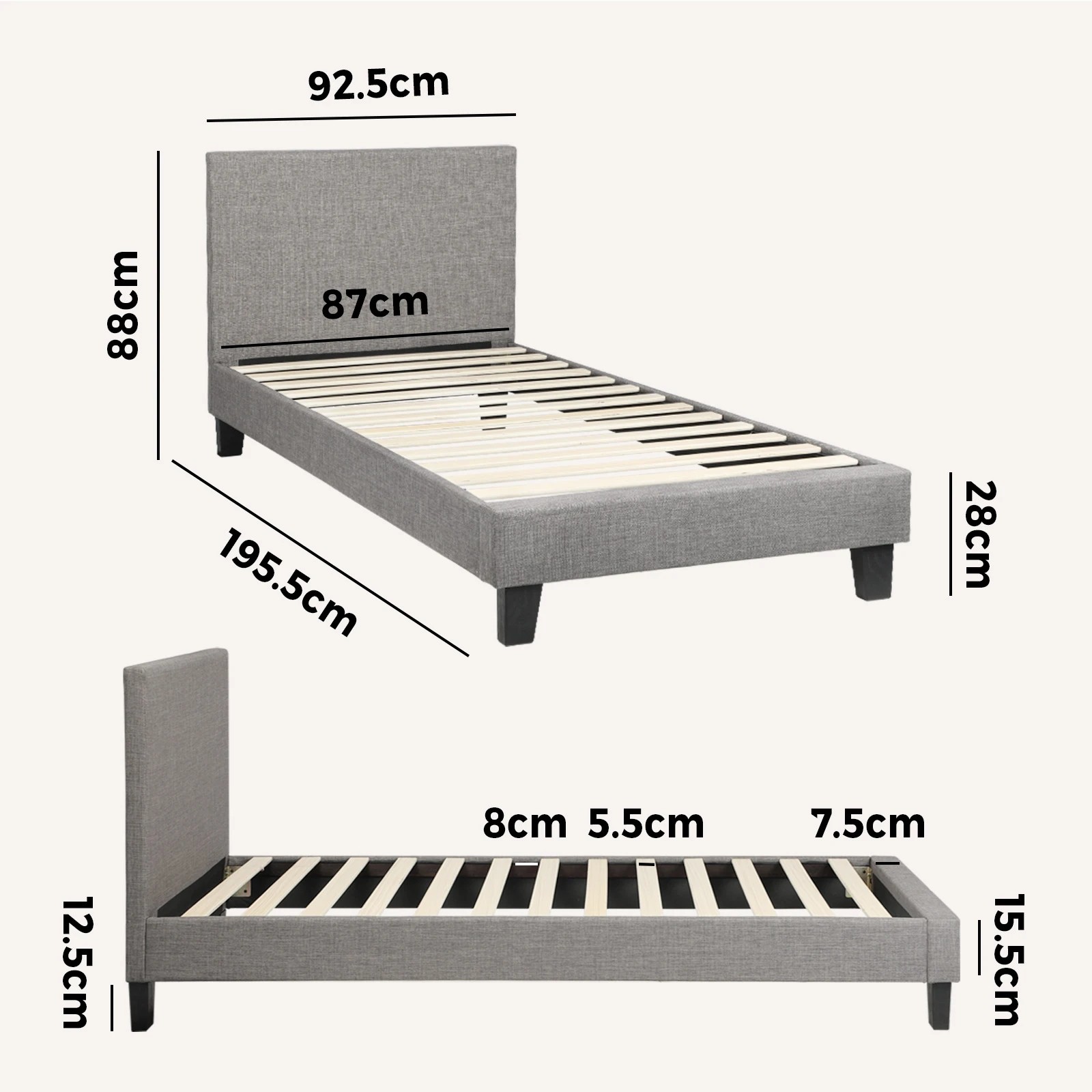 2 Oikiture Bed Frame Single Size Wooden Slats Fabric - Grey, 2 of 10