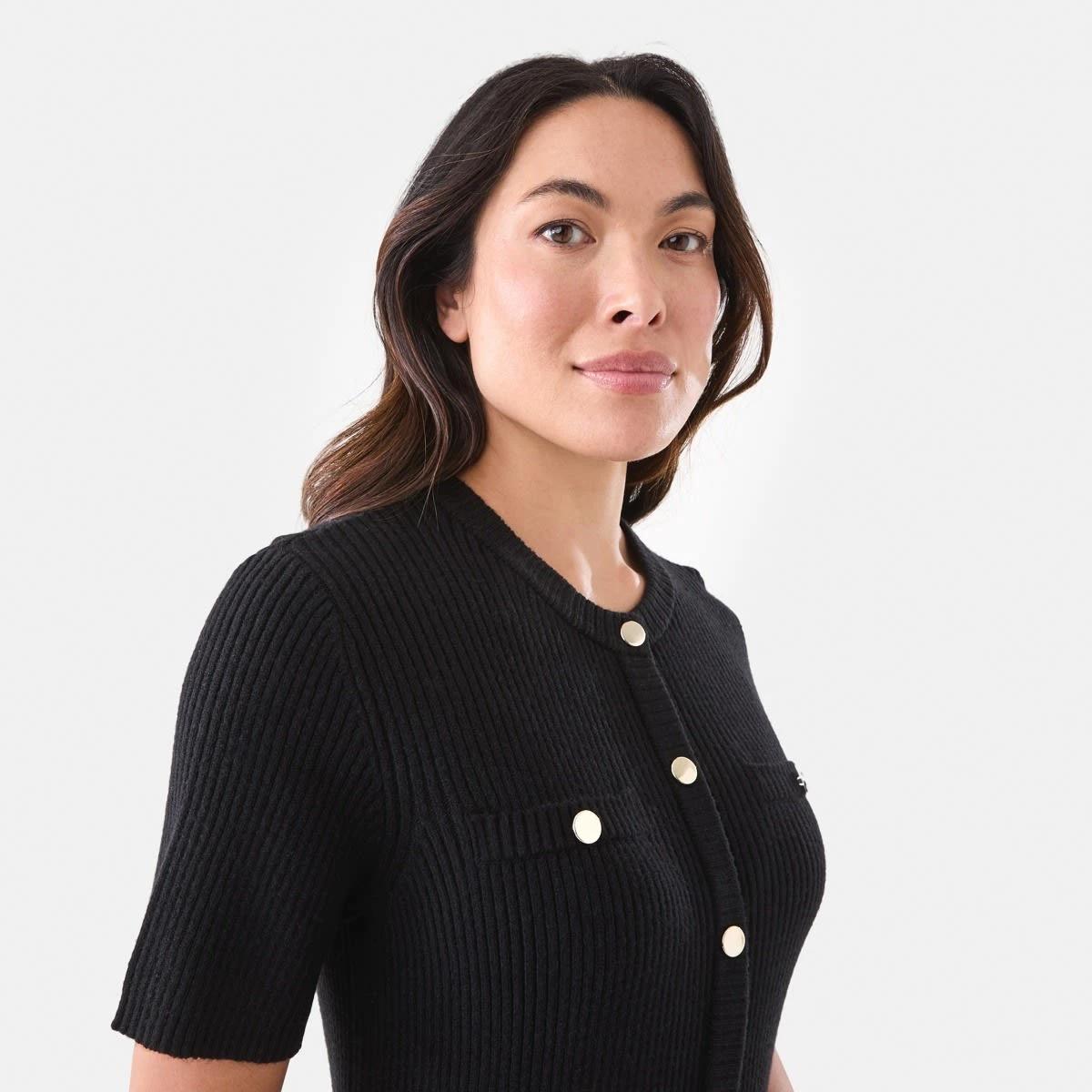 4 Short Sleeve Button Detail Knit Mini Dress Black, 4 of 6