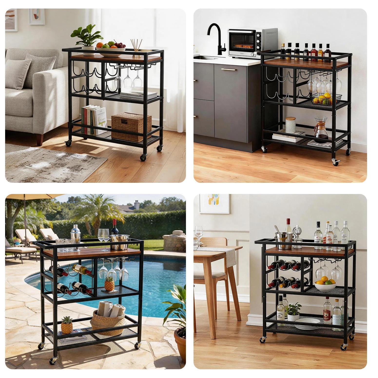 6 Artiss Bar Cart Drinks Trolley Serving Wine Rack Glass Holder 3 Hooks - Black, 6 of 8