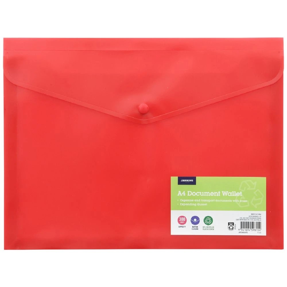 1 J.Burrows A4 Button Document Wallet Red, 1 of 5