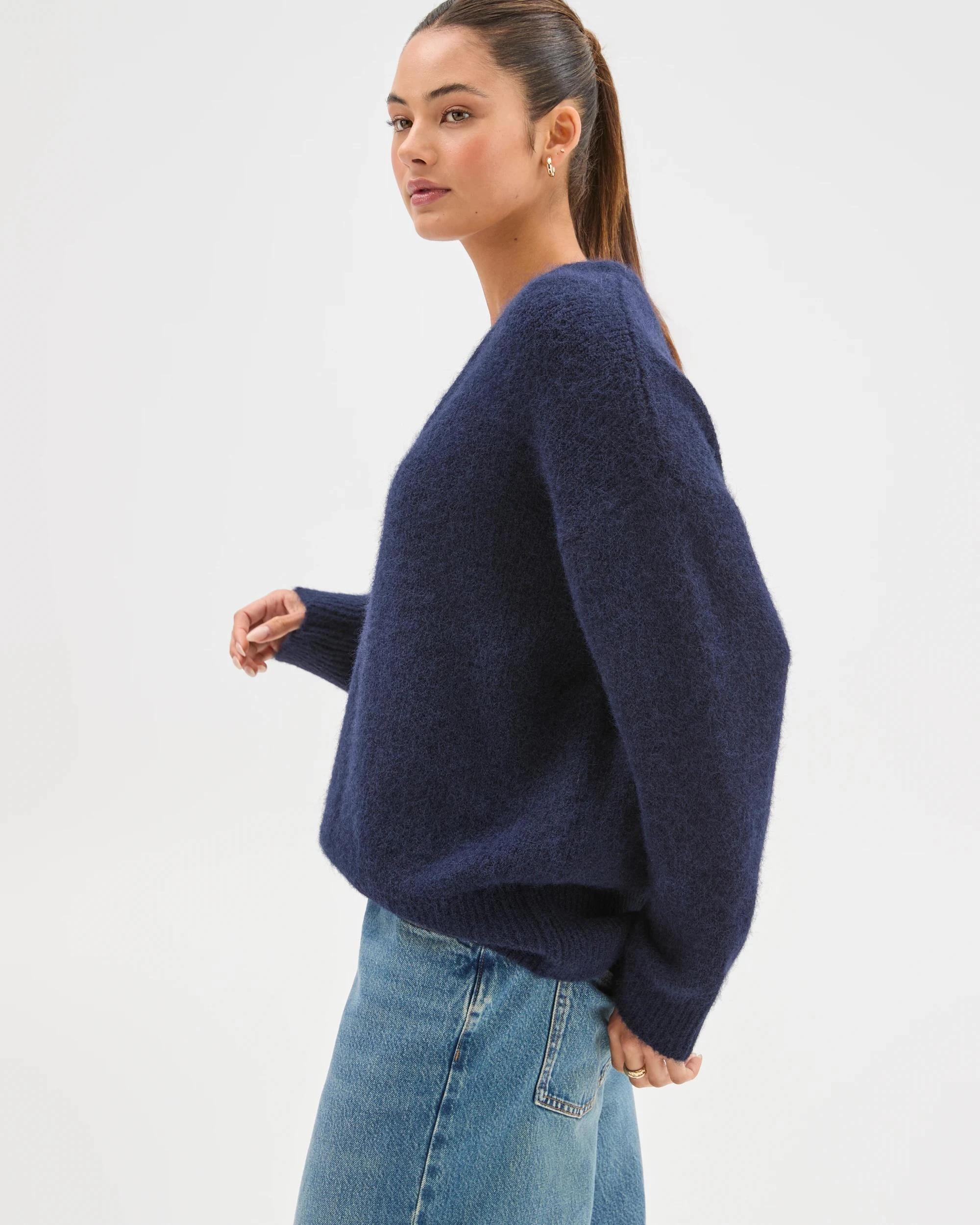 6 Lily Loves V-Neck Fluffy Knit Jumper DEEP NAVY, 6 of 7