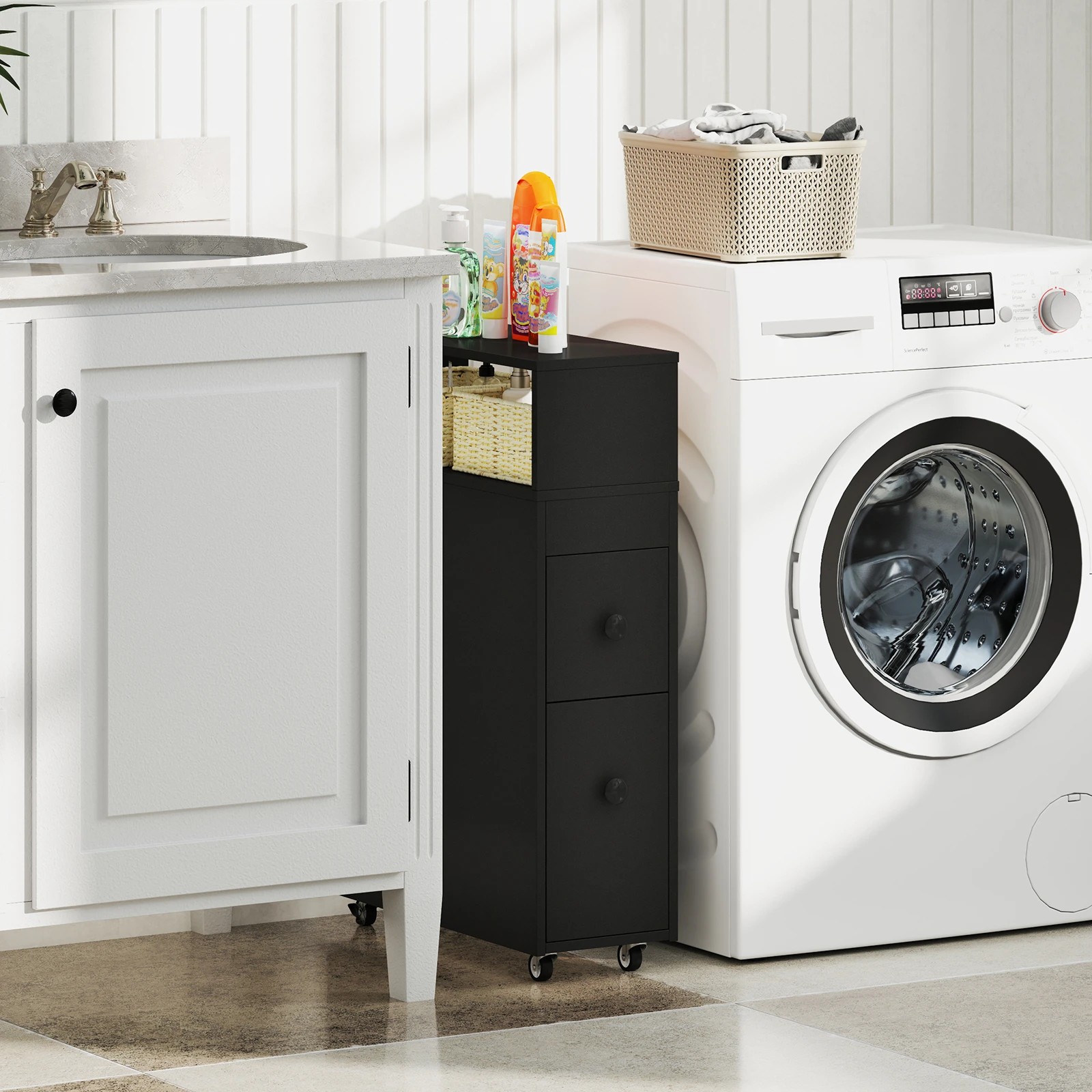 3 Costway Mobile Bathroom Storage Cabinet Laundry Sideboard w/Tissue Holder - Black, 3 of 6