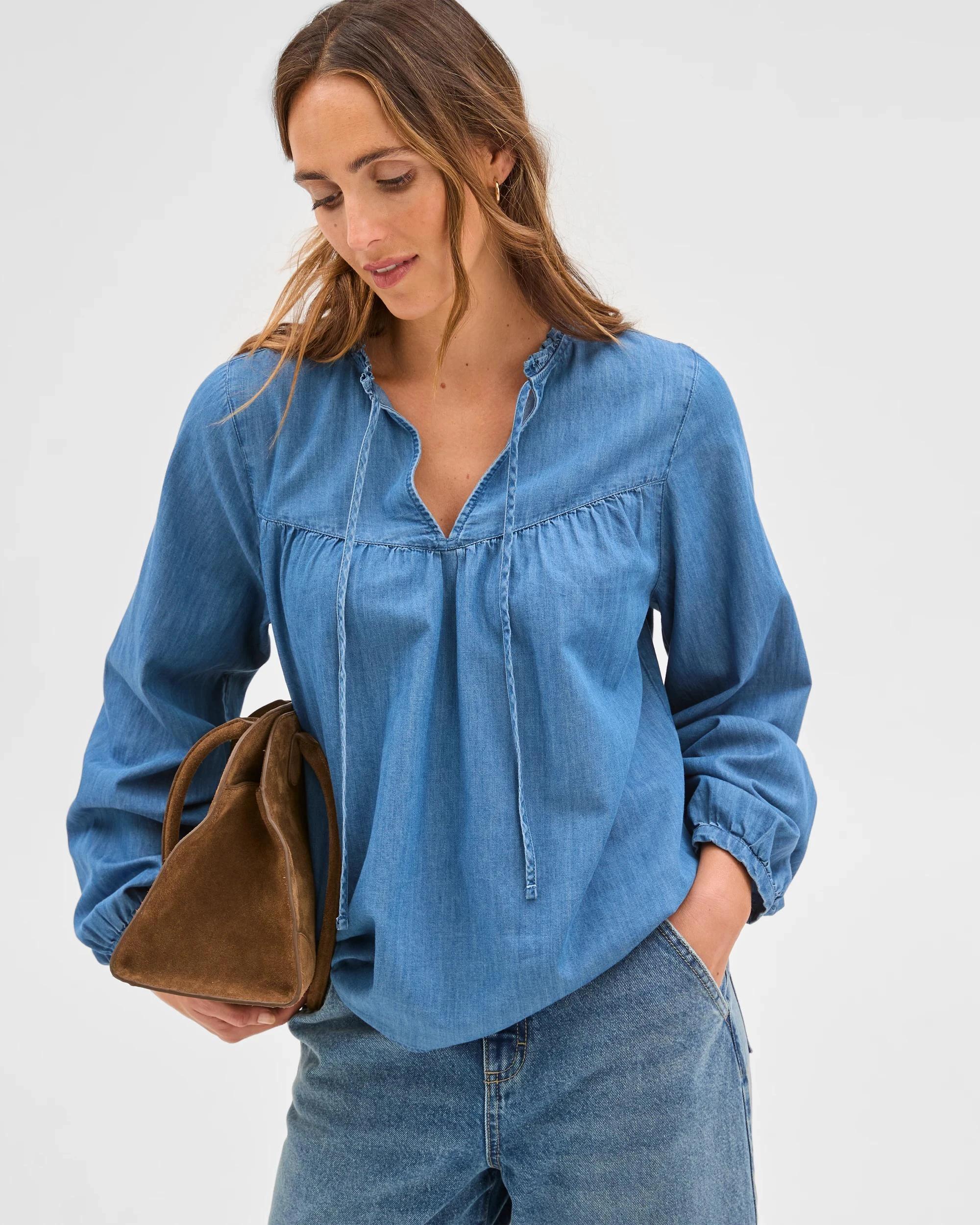 3 Target Woman Long Sleeve Chambray Frill Blouse MID CHAMBRAY, 3 of 7