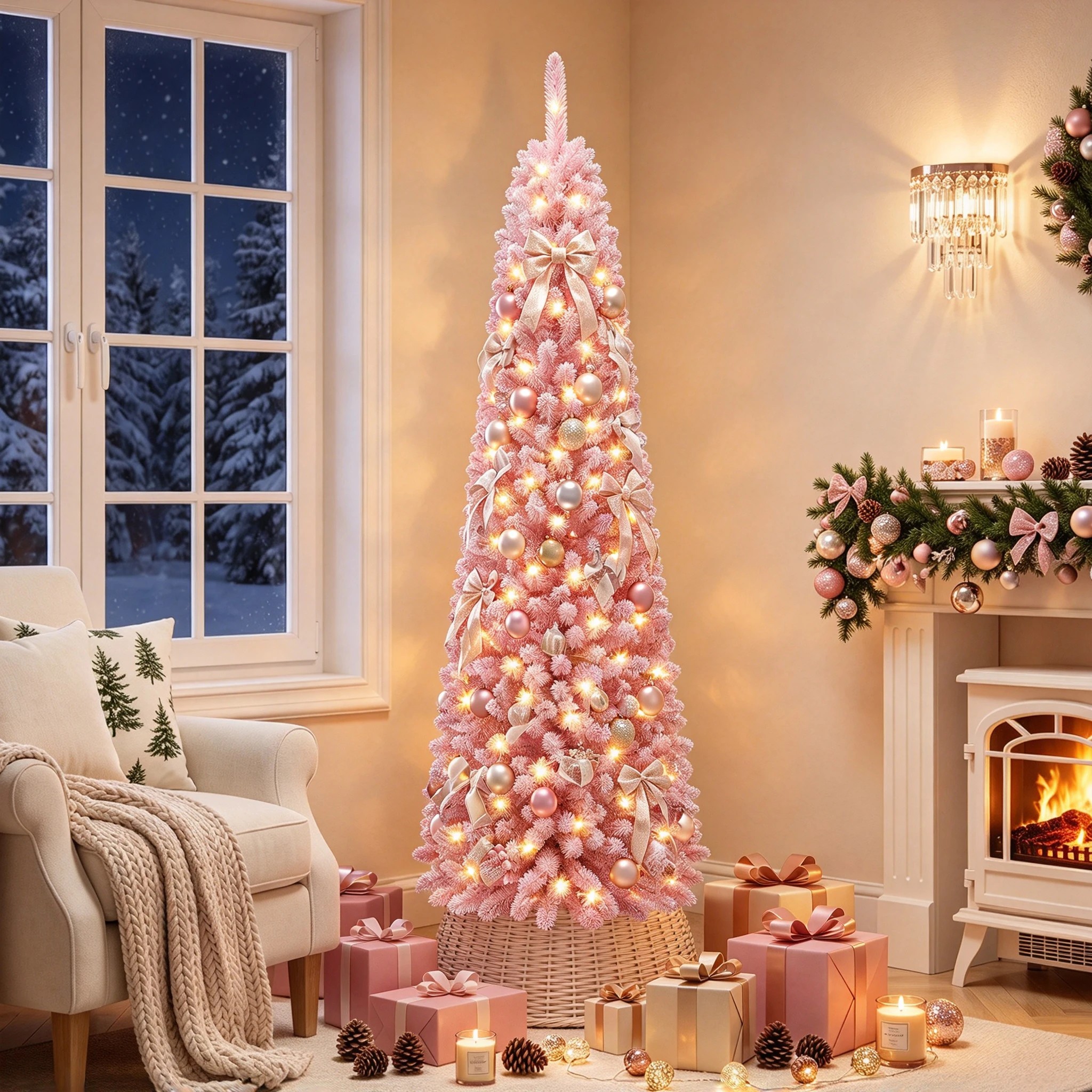 8 Costway 1.8M Pink Flocked Christmas Tree Artificial Pre-Lit Xmas Tree 8 Modes - Pink, 8 of 10