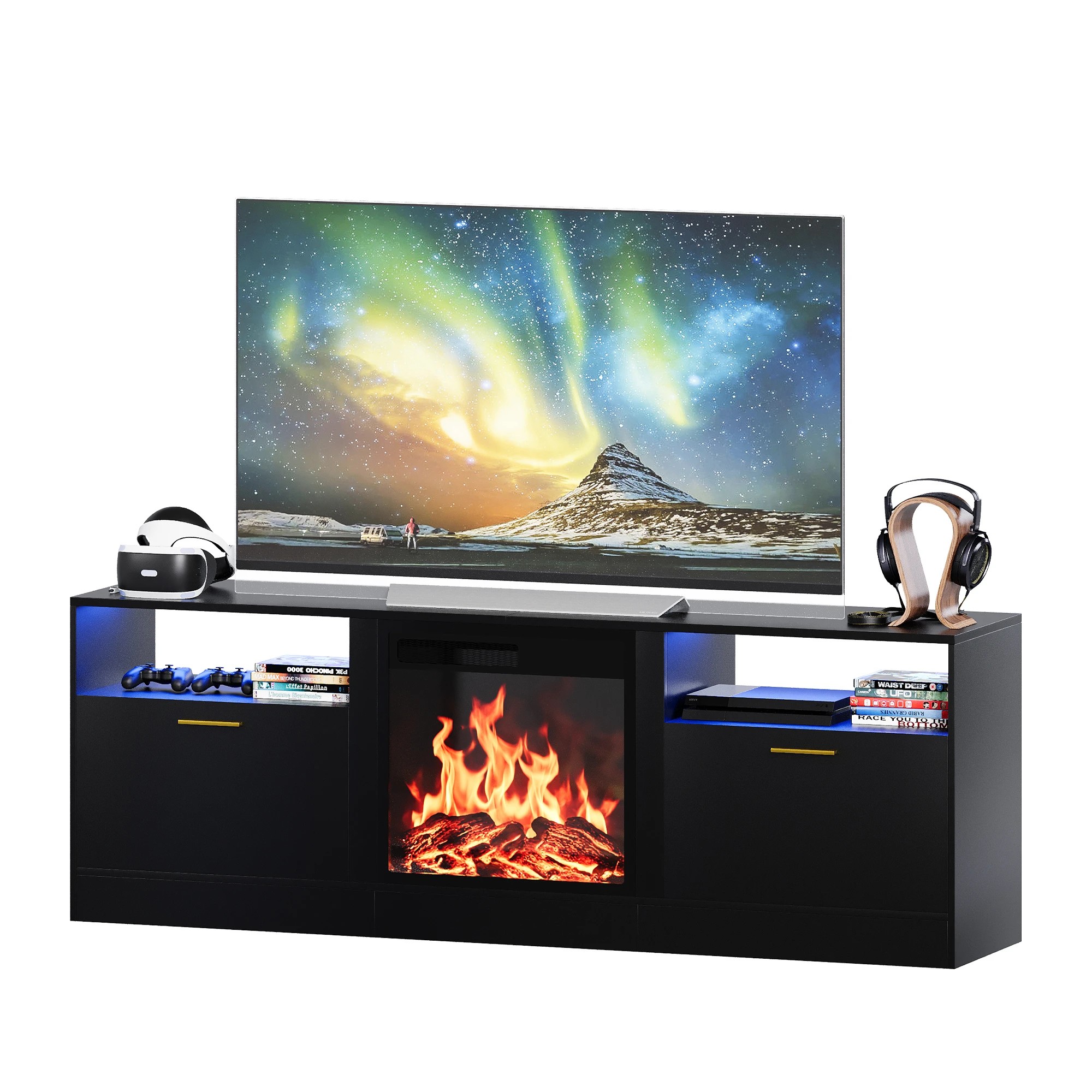 3 Advwin 160cm LED TV Cabinet w/ Fireplace & 3D Flame - Black, 3 of 5