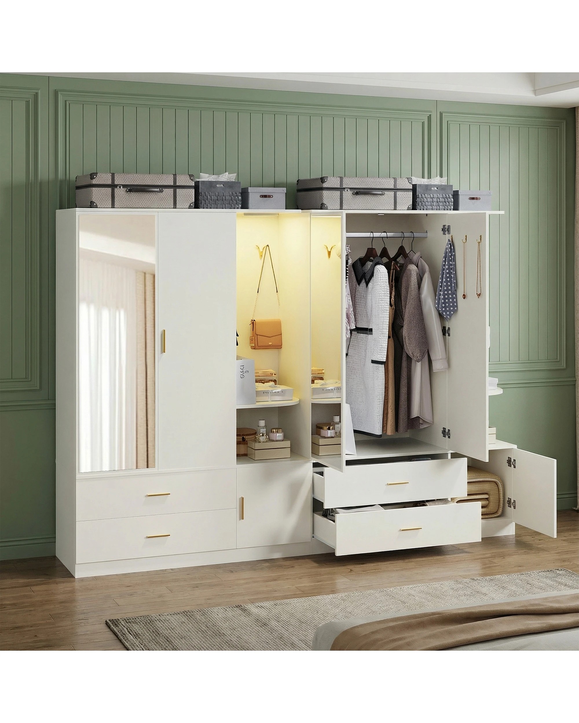 8 Advwin 3 Doors Armoire Wardrobe Closet with Mirror & Sensor Light - White, 8 of 9