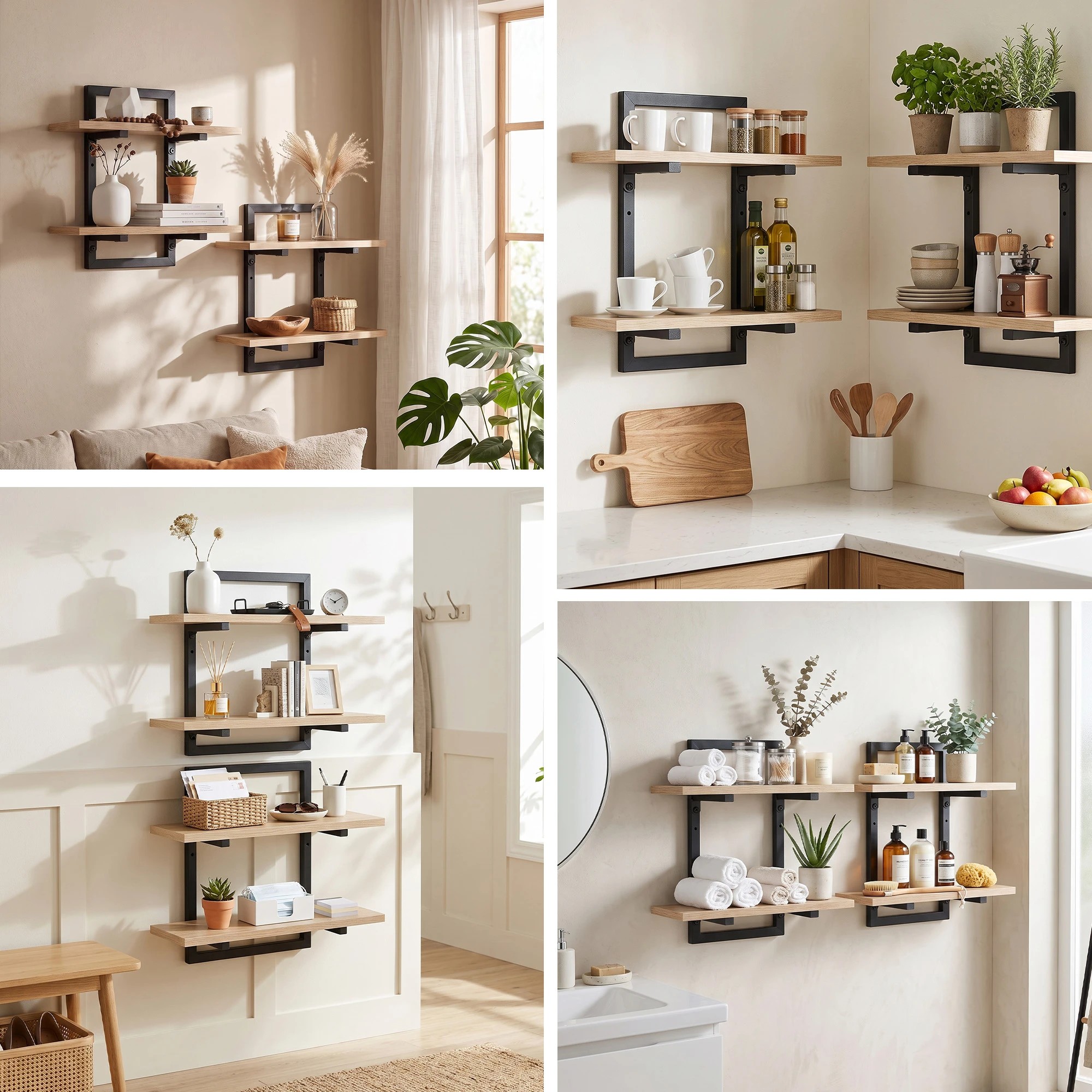 6 Artiss Set of 2 Floating Wall Shelf 2-Tier Wall-Mounted Display Ledge Wood&Metal - Natural, 6 of 8