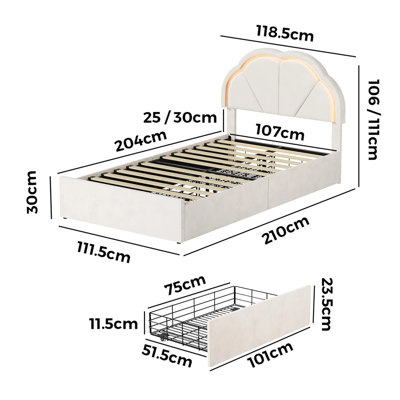 2 Oikiture King Single Size Bed Frame LED Shell Headboard with Drawers - Beige, 2 of 6