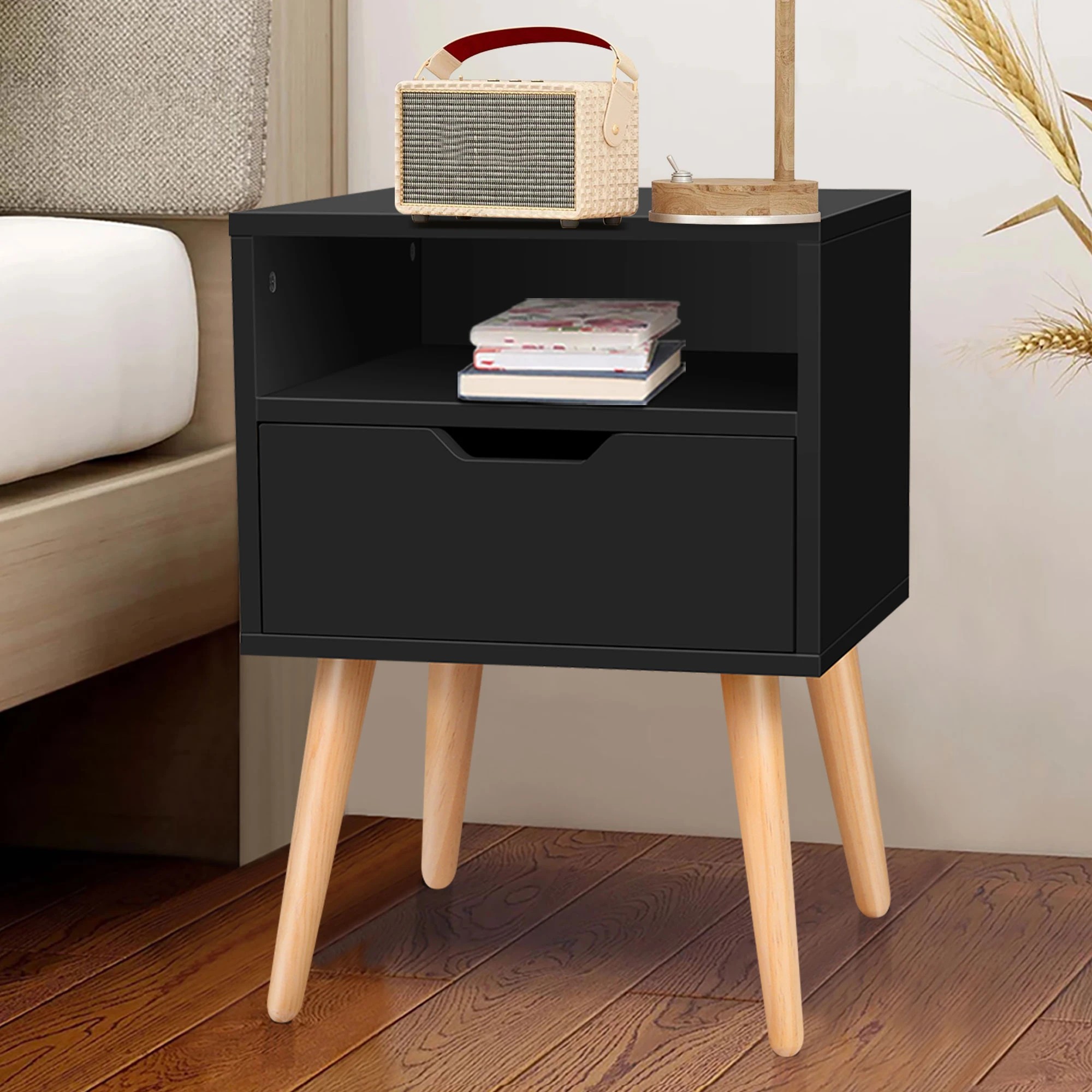2 Alfordson Bedside Table Nightstand Side Storage Cabinet Scandinavian - Black, 2 of 10