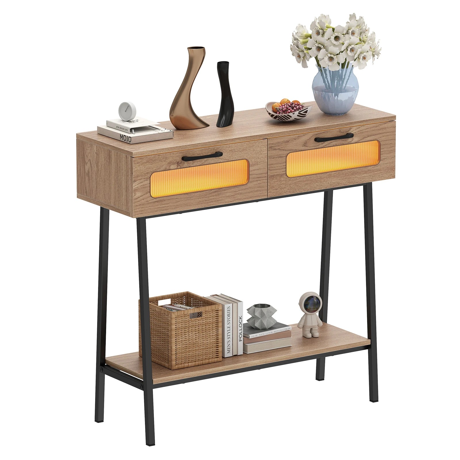 6 Costway Farmhouse Console Table w/LEDs 2-Tier Narrow Sofa Side Table, 6 of 7