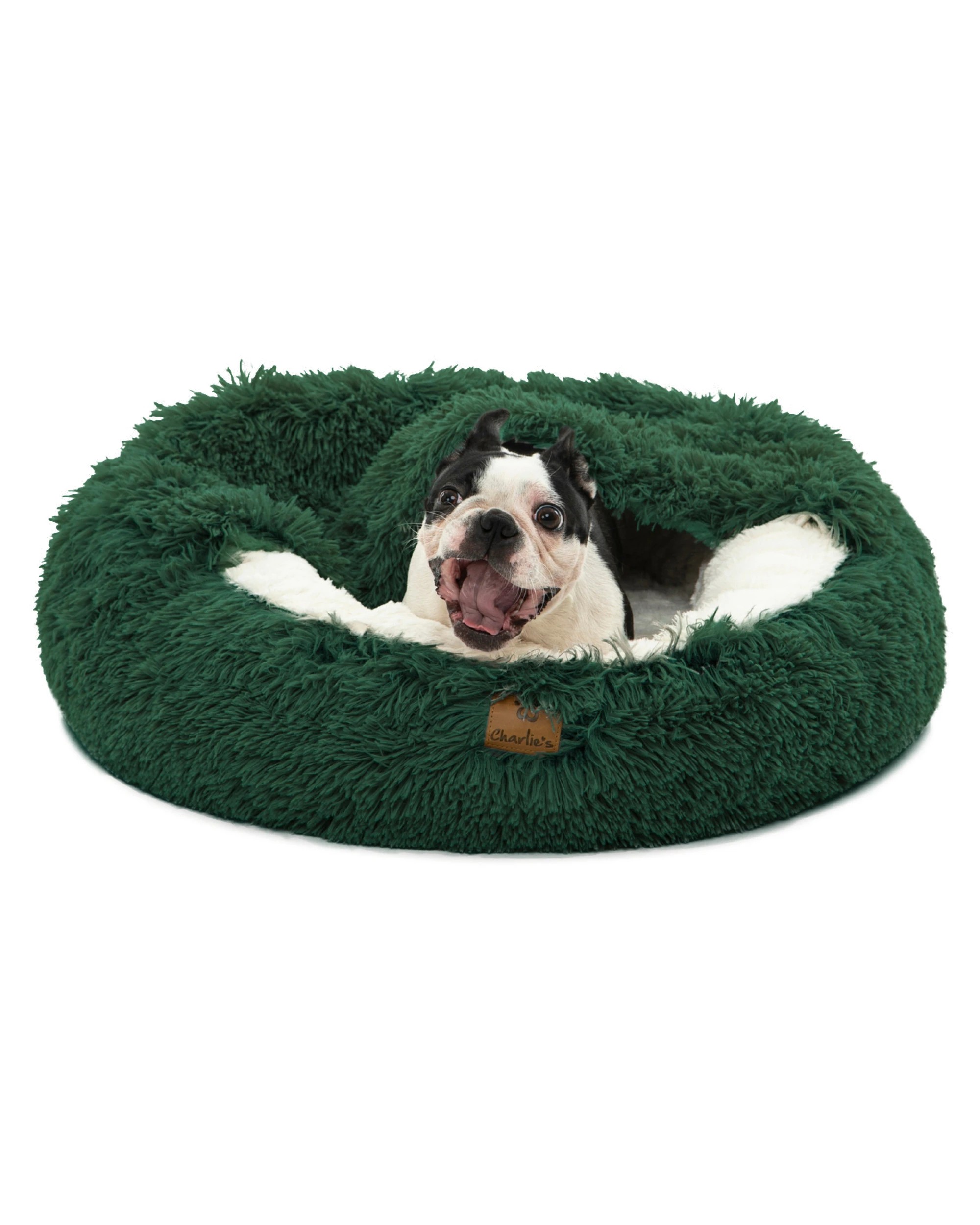 1 Charlie's Snookie Hooded Faux Fur Calming Dog Bed Large - Eden Green, 1 of 4