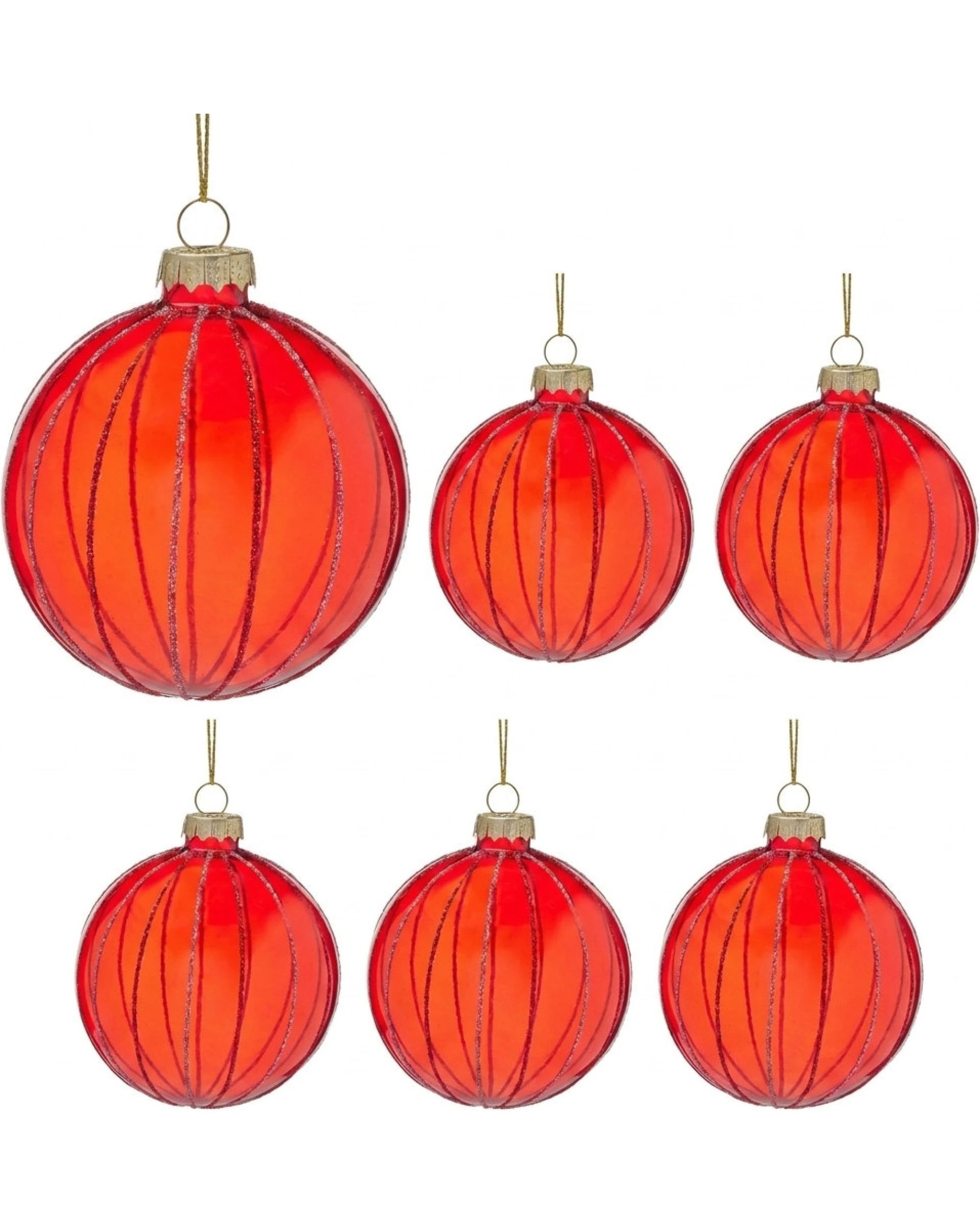 Christabelle 6 Red Glass Christmas Baubles Pink Beaded Stripes 8cm Xmas ...
