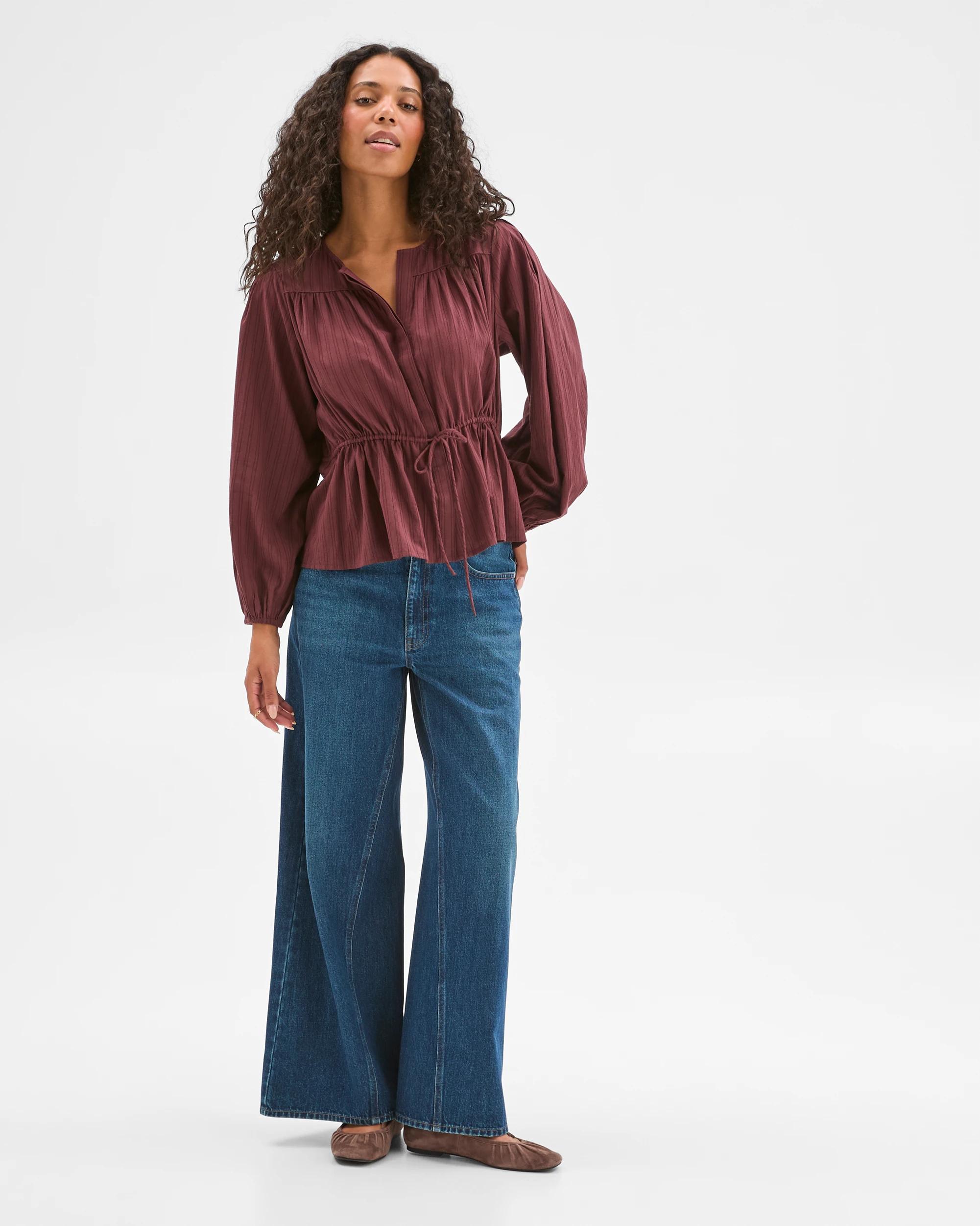 1 Target Woman Short Sleeve Tie Waist Blouse BURGUNDY, 1 of 6