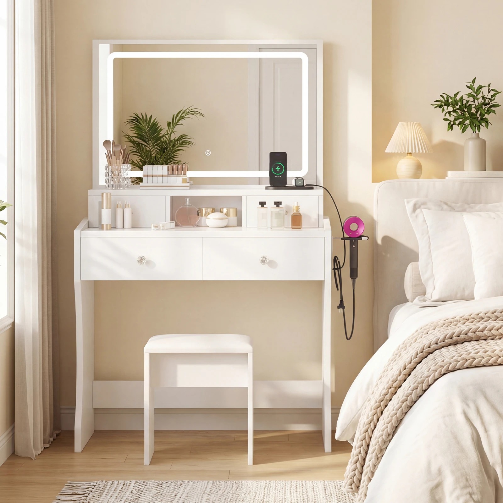 8 Advwin Makeup Vanity Desk with Mirror Charging Station and 4 Drawers - White, 8 of 10