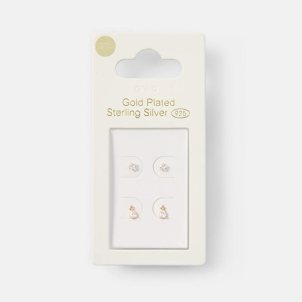 5 2 Pack Gold Plated Sterling Silver 925 Cubic Zirconia Stud Earrings Gold, 5 of 5