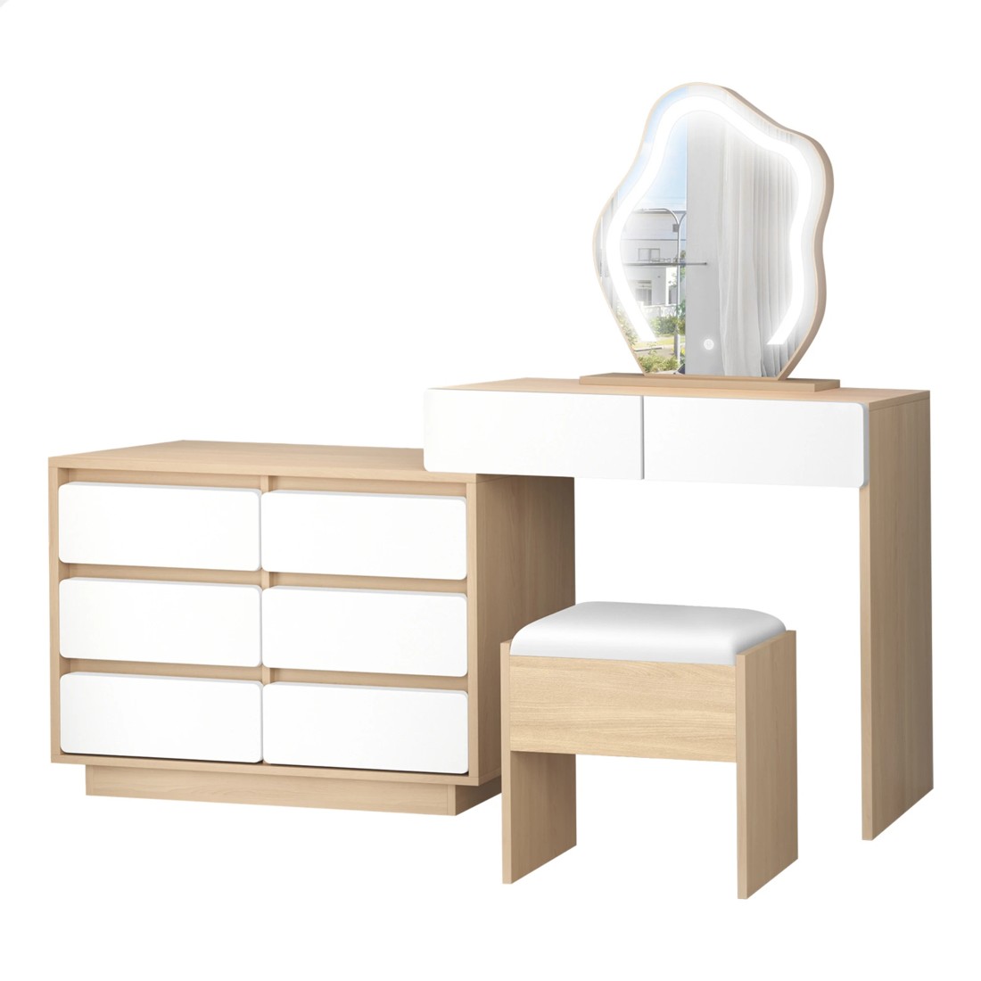 1 Alfordson Dressing Table Stool Set Makeup Mirror Desk LED 8 Drawers - Oak, 1 of 10